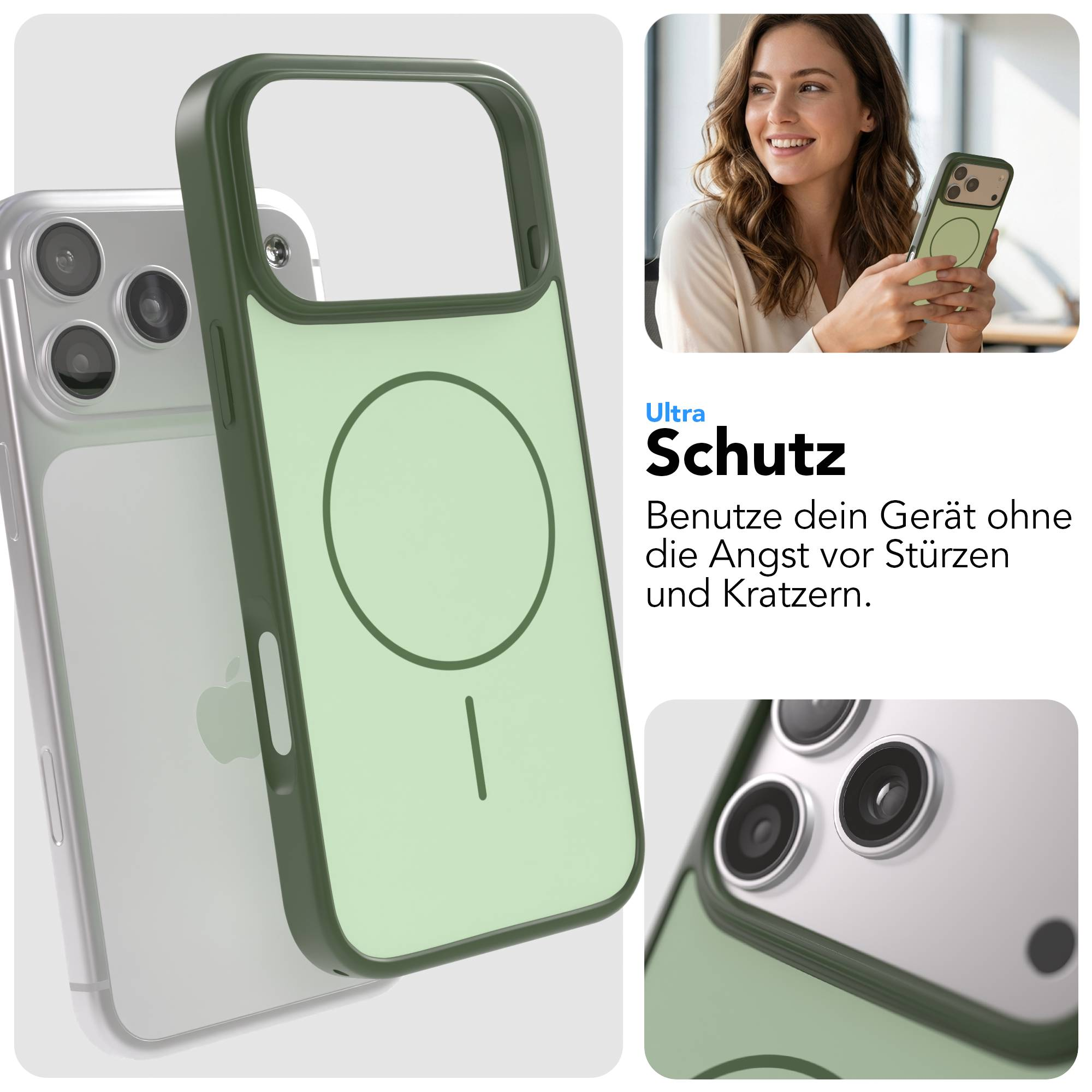 Grüne Handyhülle mit Kamerainspektion und Frau, die ein Handy hält.