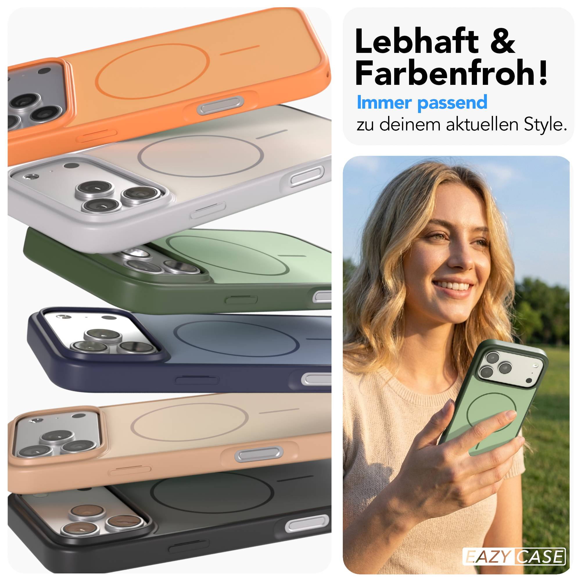Mehrere iPhone-Hüllen in verschiedenen Farben gestapelt, eine Frau hält eine grüne Hülle.