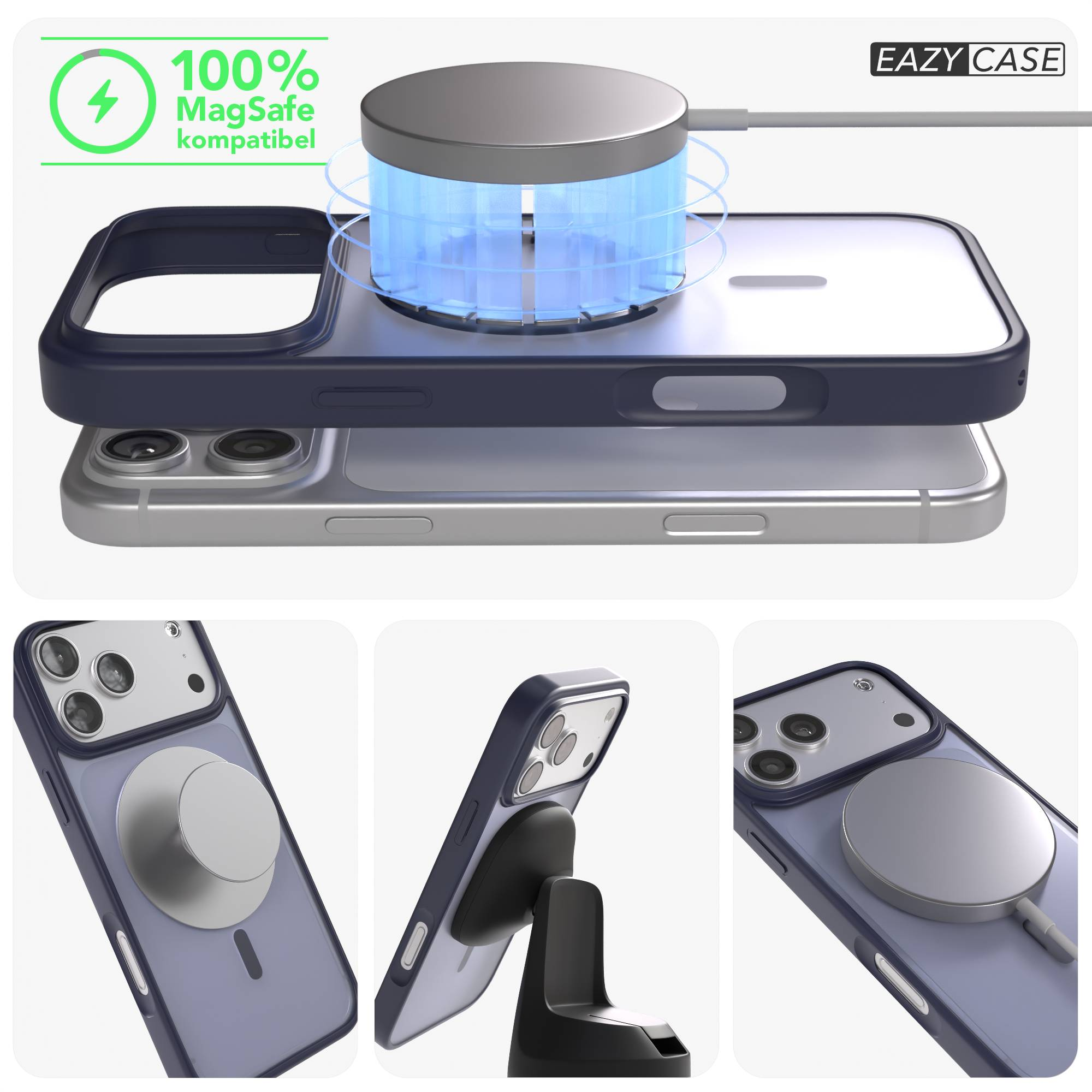 iPhone-Hülle mit MagSafe-Ladegerät, Ladekabel und Ständer.