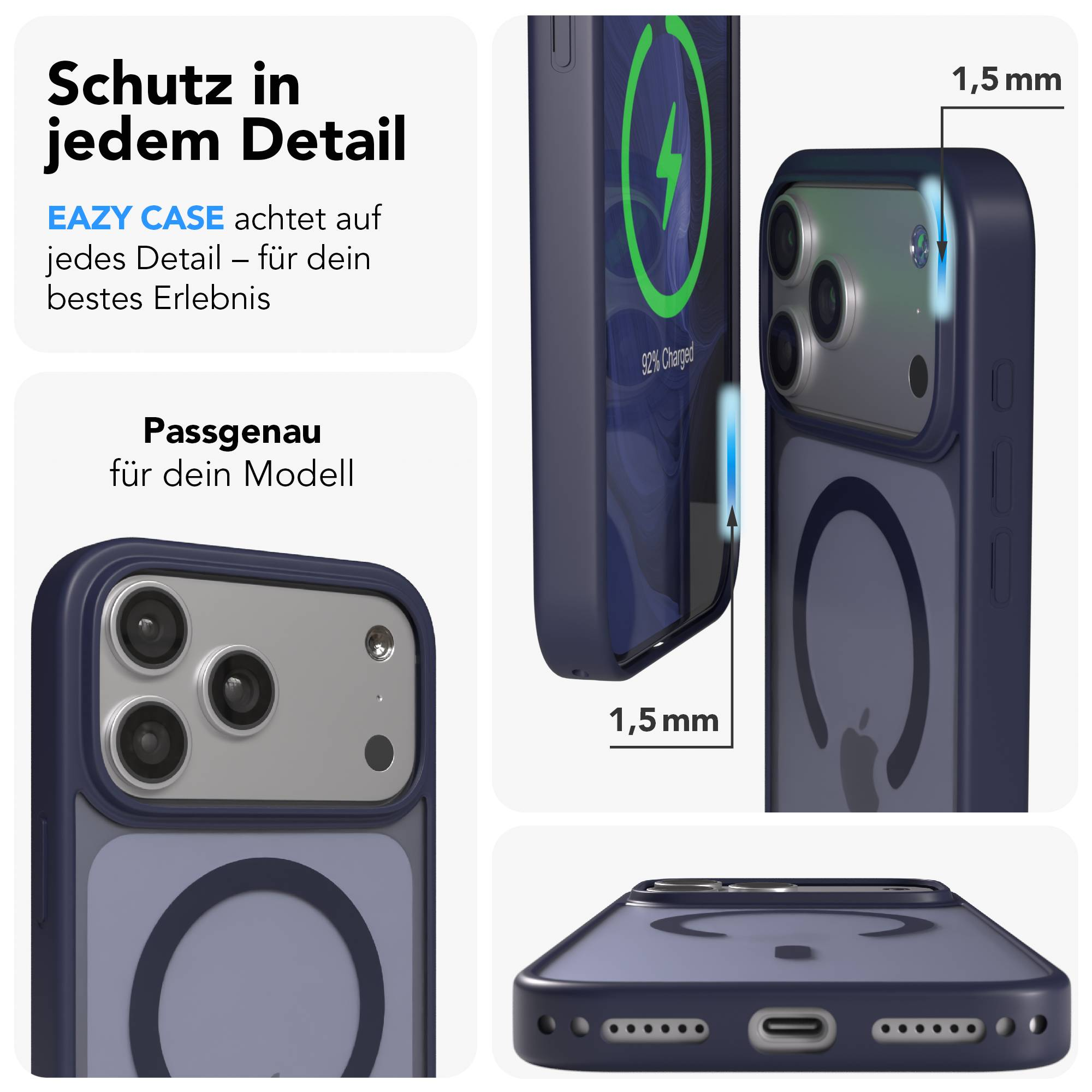 Ein dunkelblaues Handycase mit transparentem Einsatz, das ein iPhone schützt.
