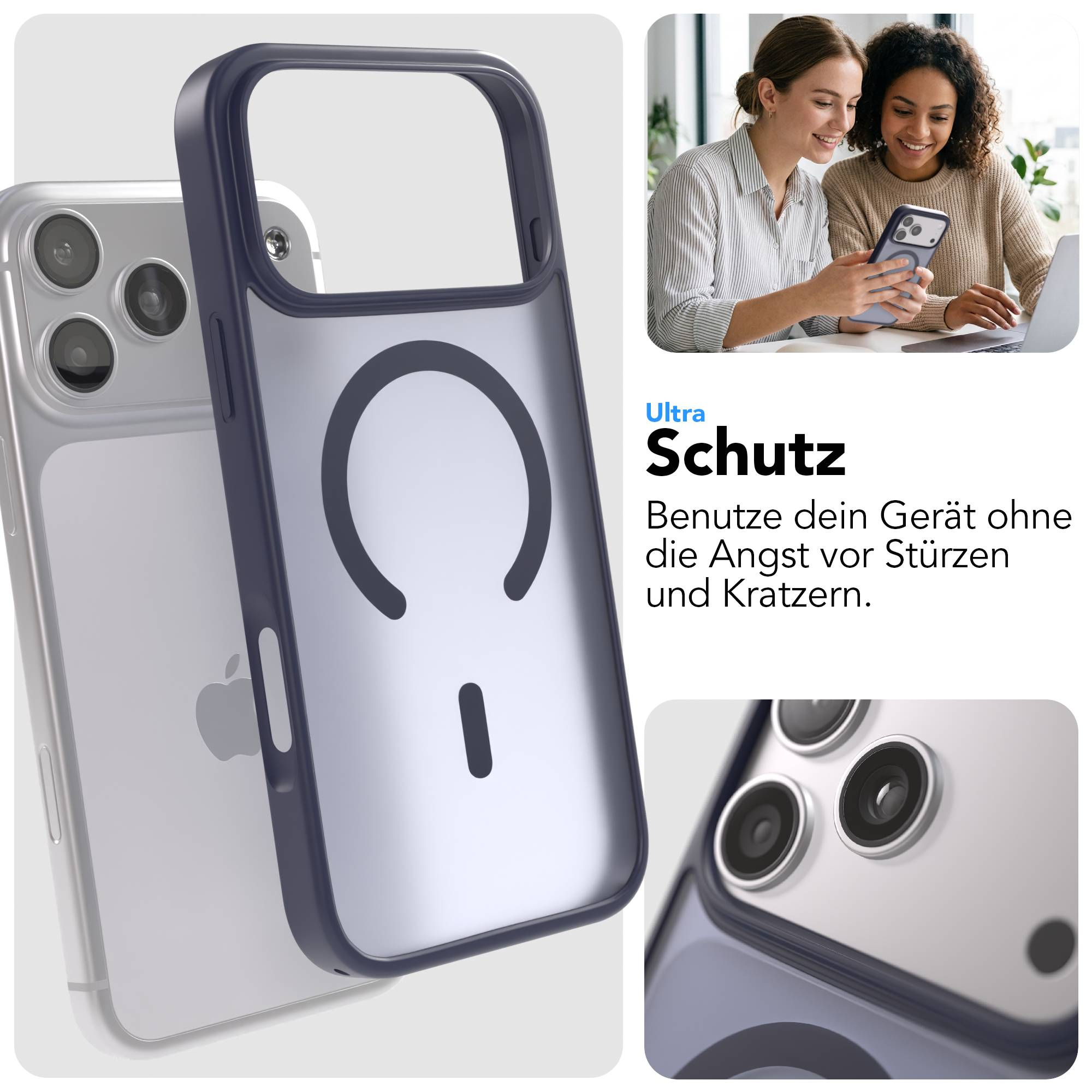iPhone Hülle mit Magnetring und Kamera-Details, zwei Frauen schauen auf Handy.