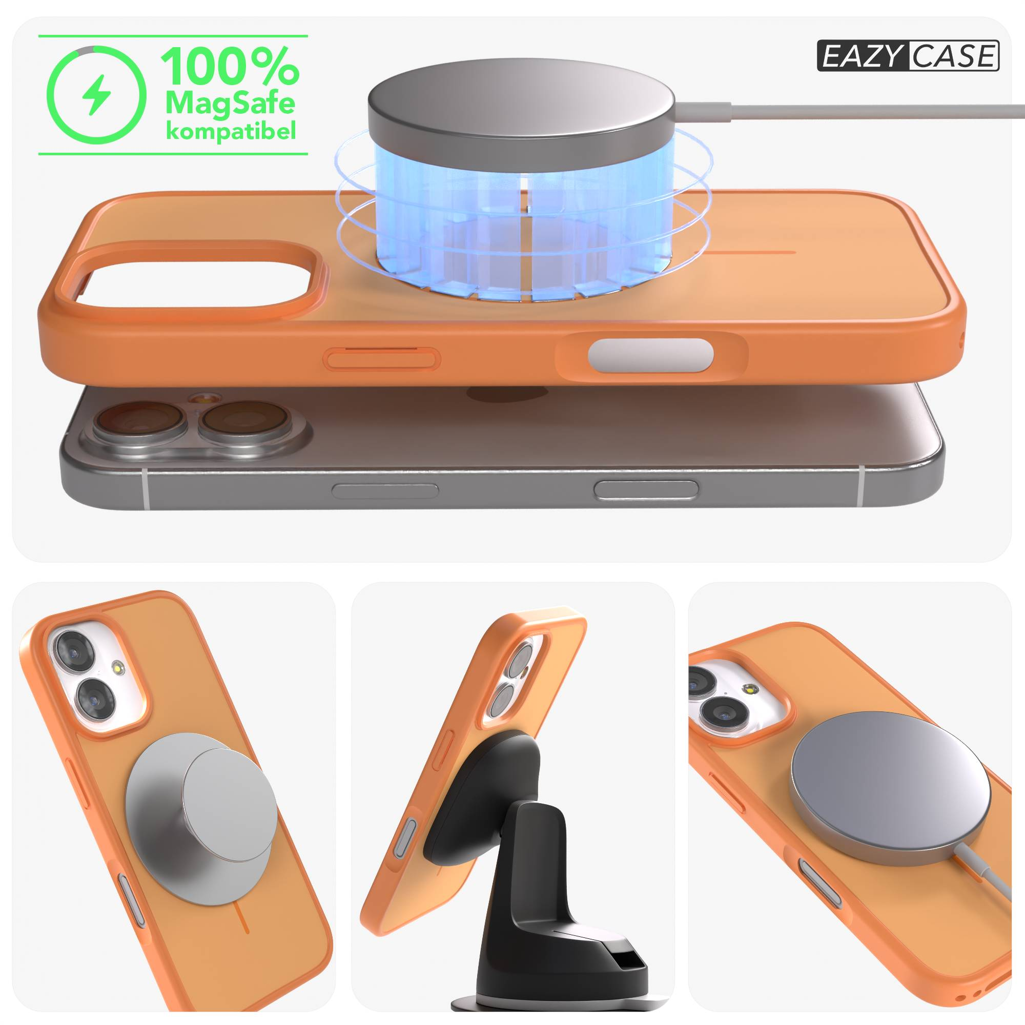Orange Hülle für iPhone mit MagSafe Ladefunktion, auf einem Tisch.