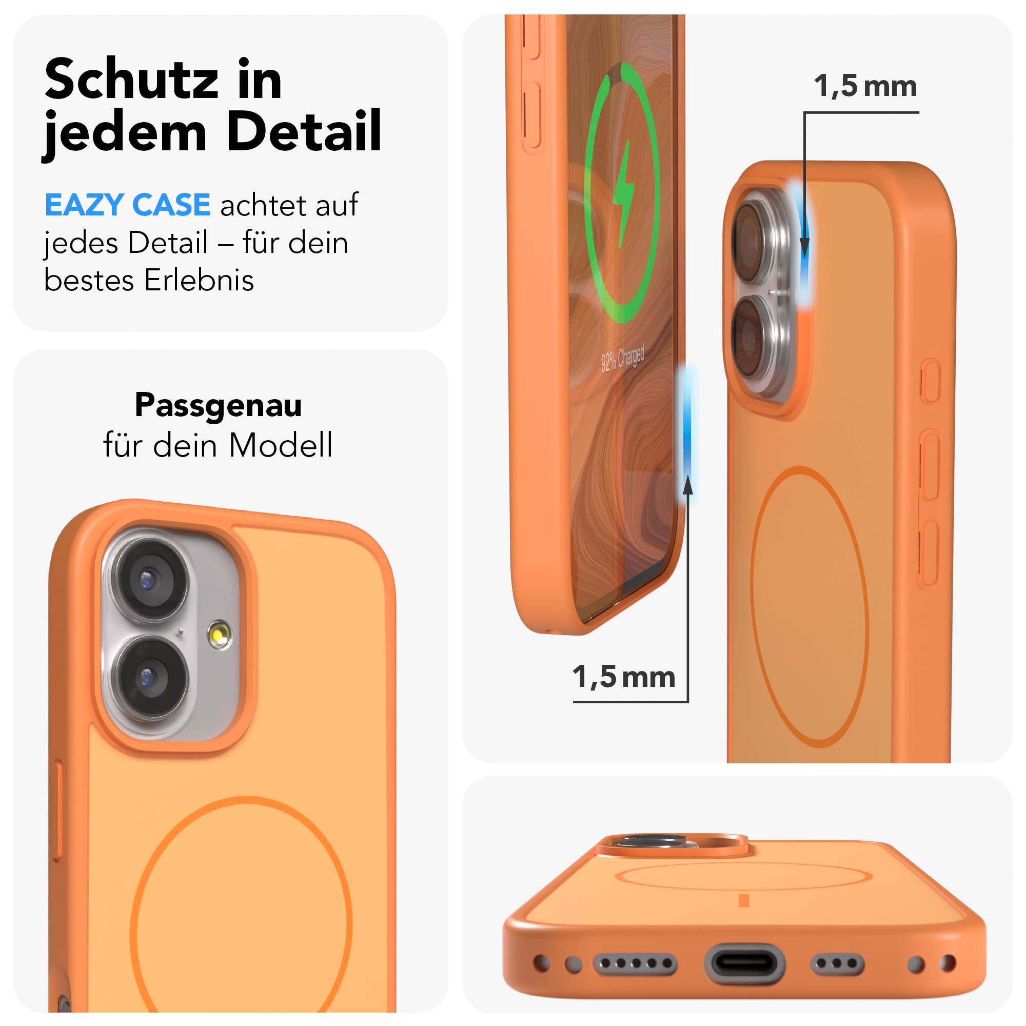 Orange Handyhülle mit Fokus auf Details und Schutz. Zeigt Ladefunktion.