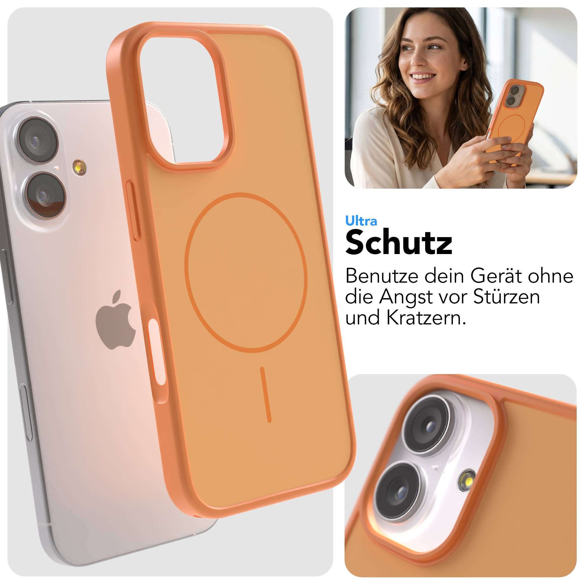 Ein orangefarbenes Handycover mit Magnetring auf einem iPhone.