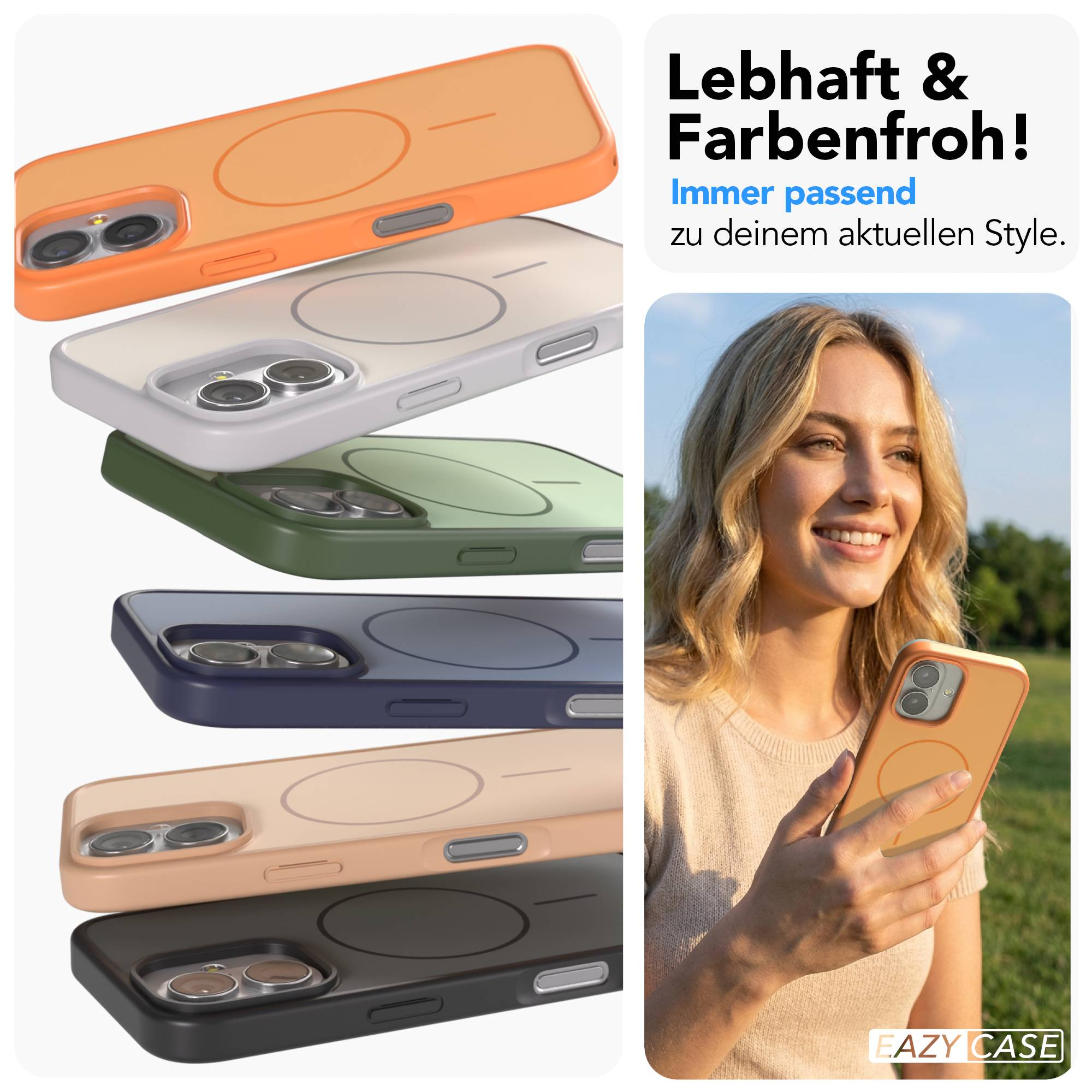 Mehrere bunte Handyhüllen stapeln sich. Eine Frau hält eine orangefarbene Hülle.