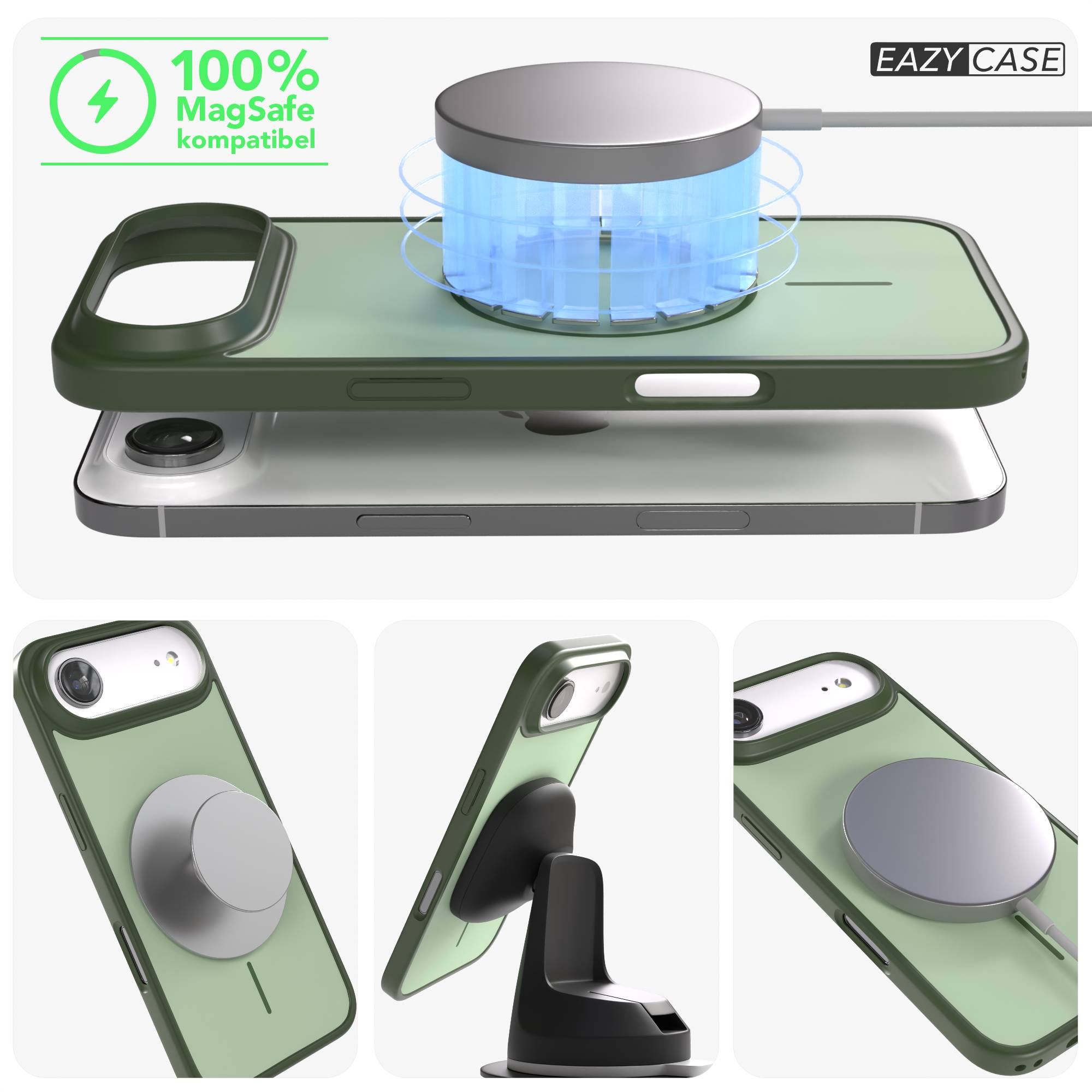 Grüne Hülle mit MagSafe-Ladegerät und Ständer für ein iPhone.