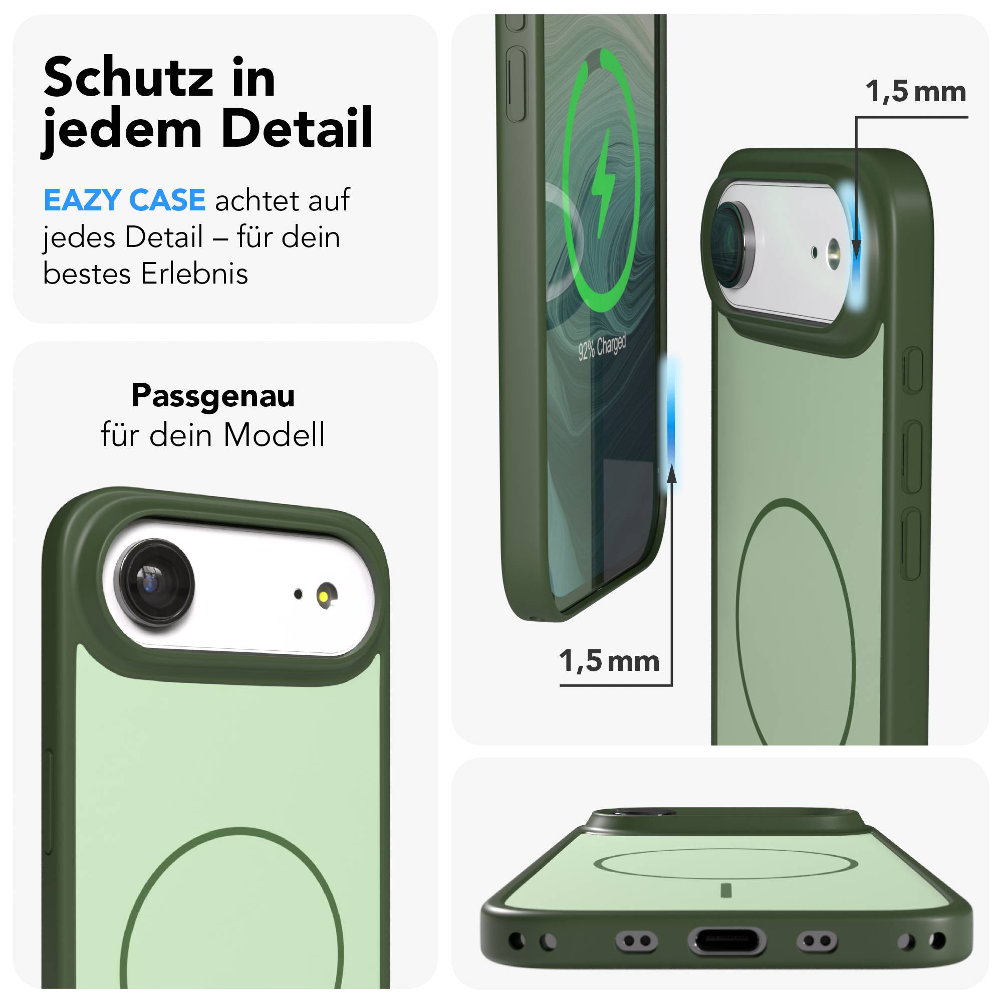 Grüne Hülle mit iPhone-Kamera, Ladeanzeige und 1,5mm Schutz.