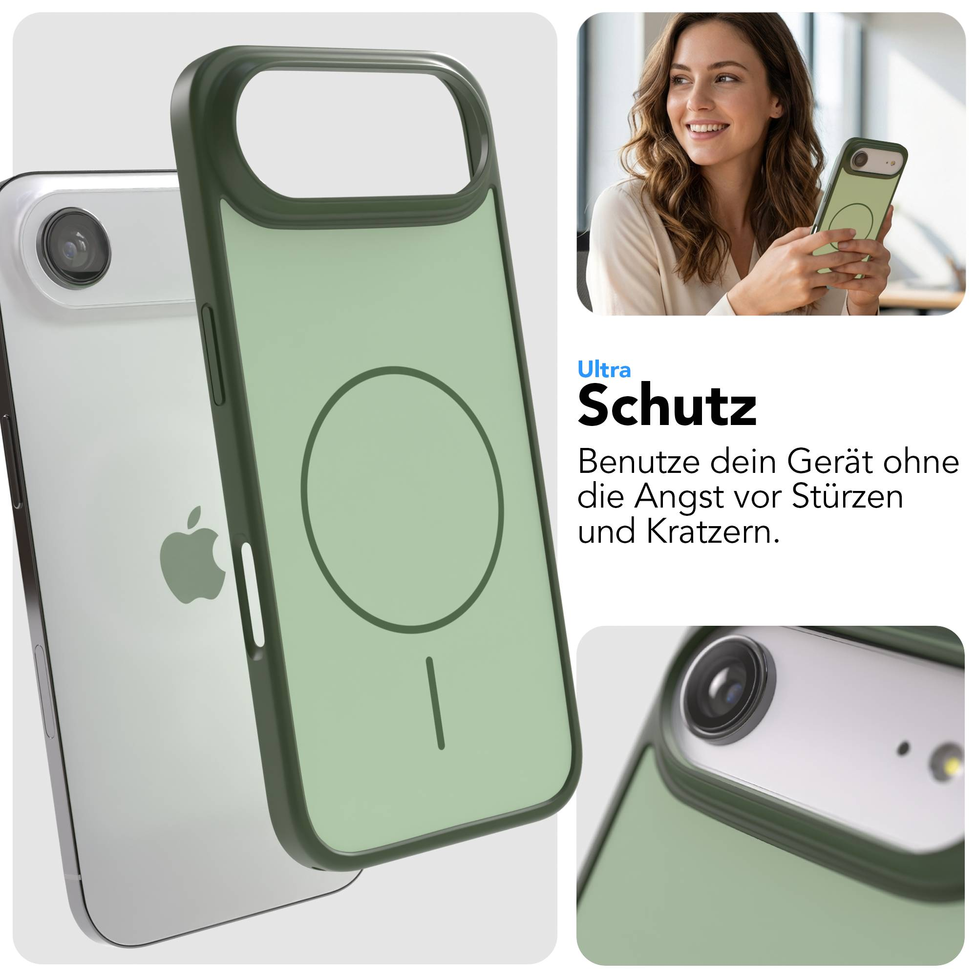 Grüne Handyhülle mit MagSafe-Ring auf transparentem iPhone-Rücken.