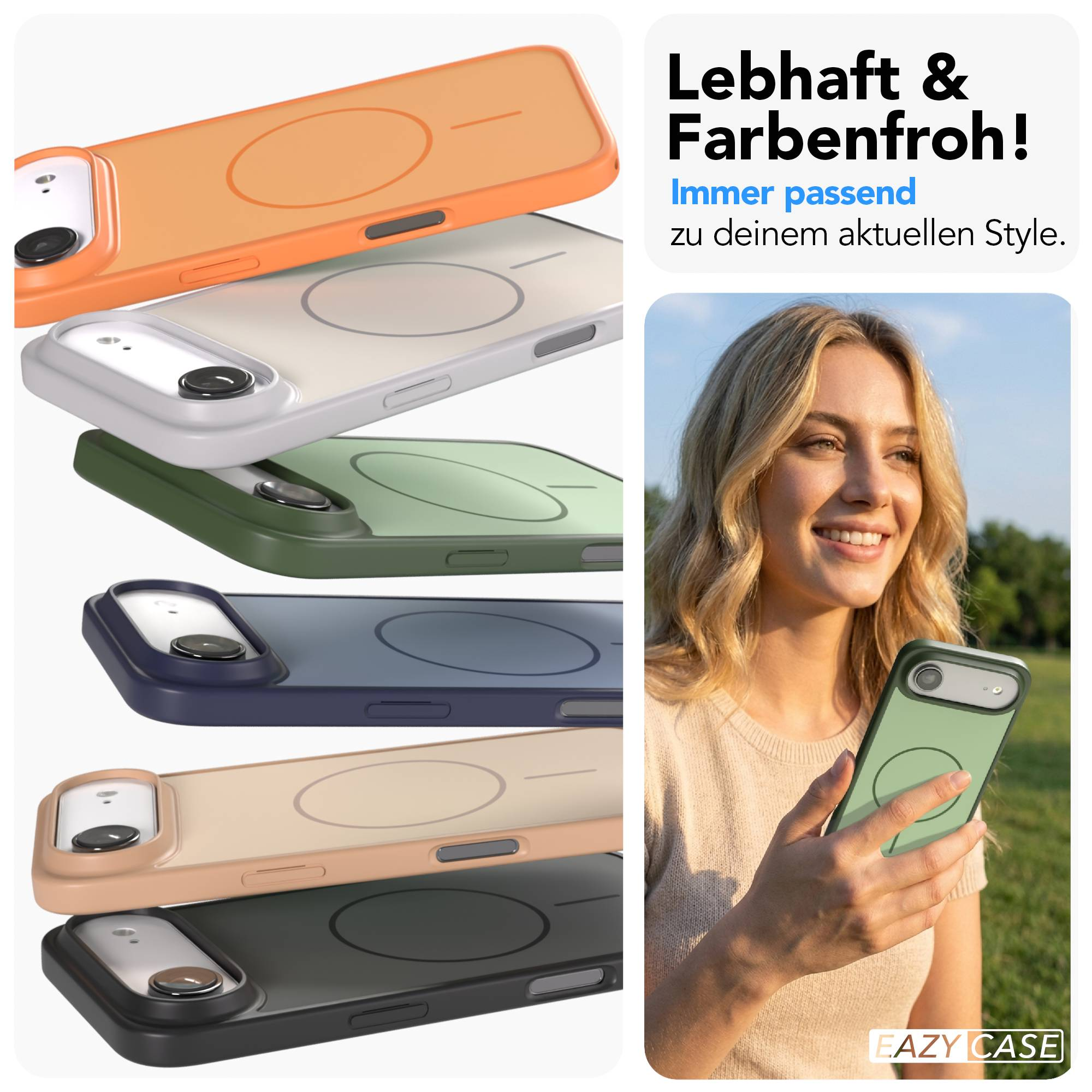 Mehrere bunte Handyhüllen und eine lächelnde Frau.