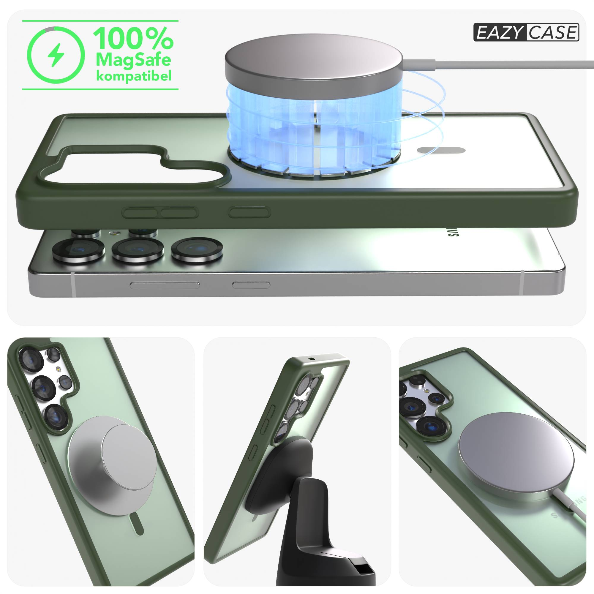 Grüne Handyhülle mit MagSafe-Ladegerät und blauem Licht.