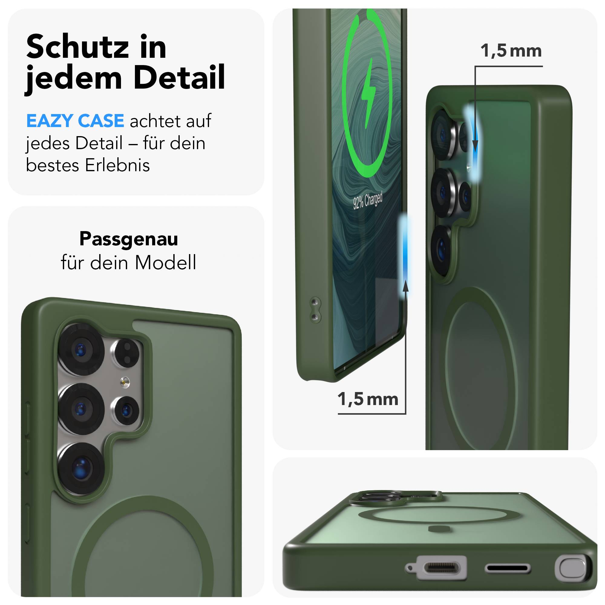 Grüne Handyhülle zeigt Kamera, Ladeanzeige und 1,5mm Dicke.