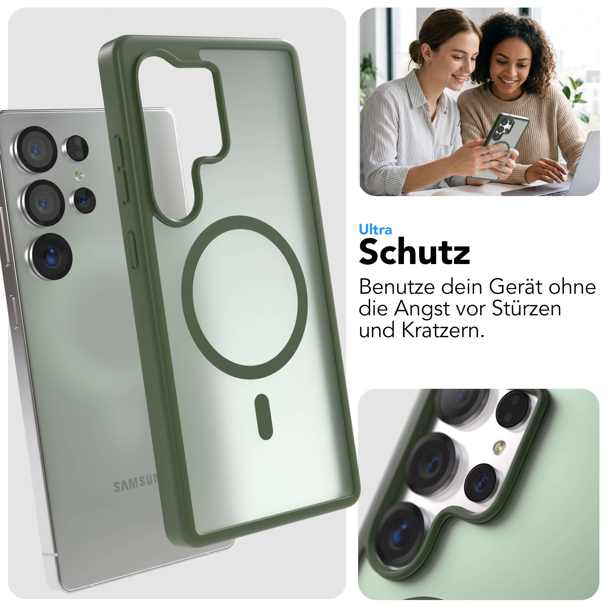 Ein grünes Handycase mit Magnetring liegt auf einem Handy.