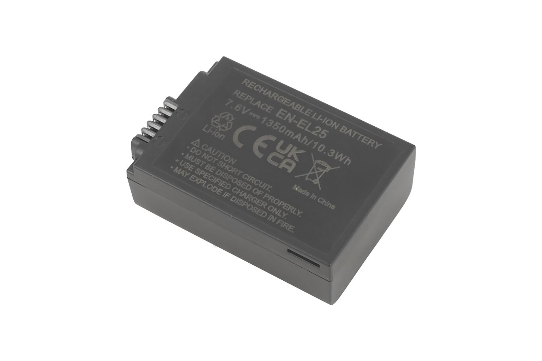 Graue Li-Ion-Batterie EN-EL25, 7.6V, 1350mAh. Mit Warnhinweisen.