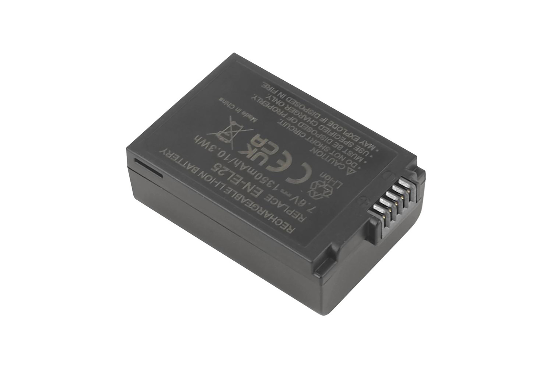 Schwarzer Akku EN-EL25, 7.6V, 1350mAh, mit Warnhinweisen.
