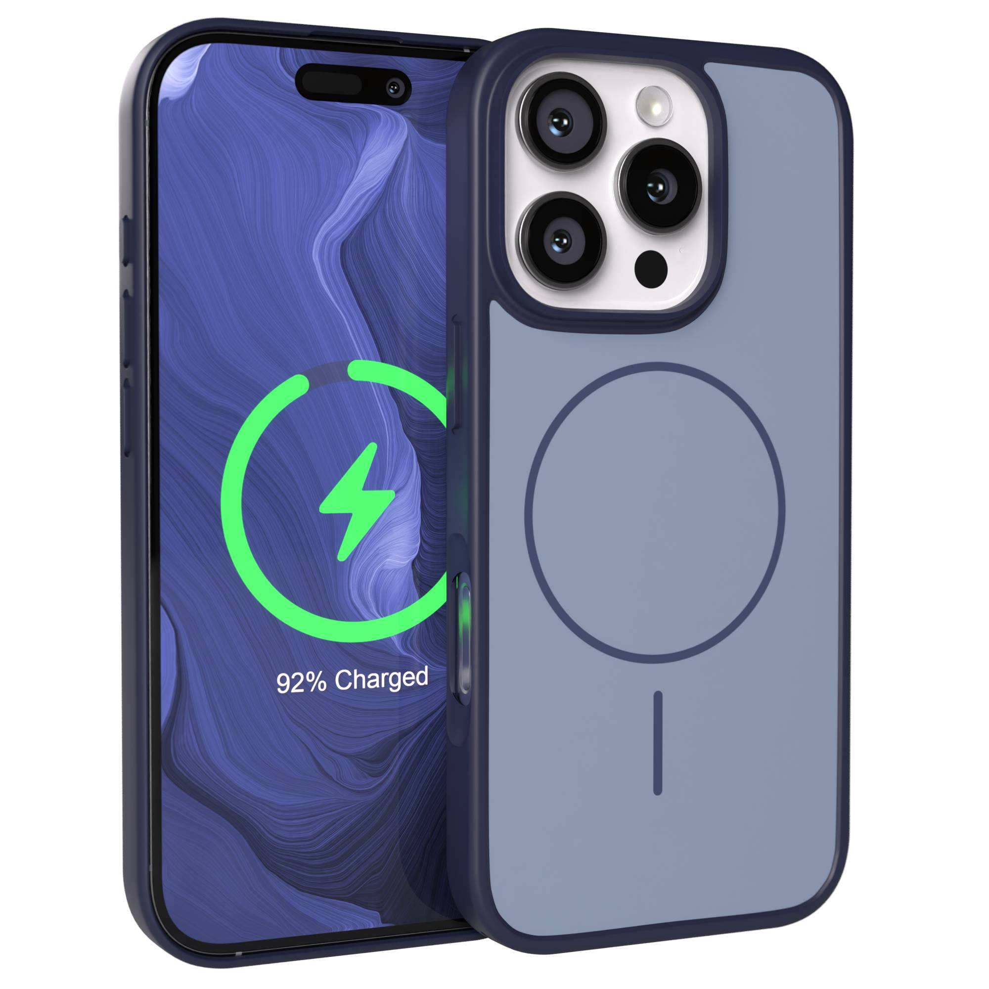 Ein blaues iPhone mit einer Ladeanzeige (92% geladen) und einer Schutzhülle.