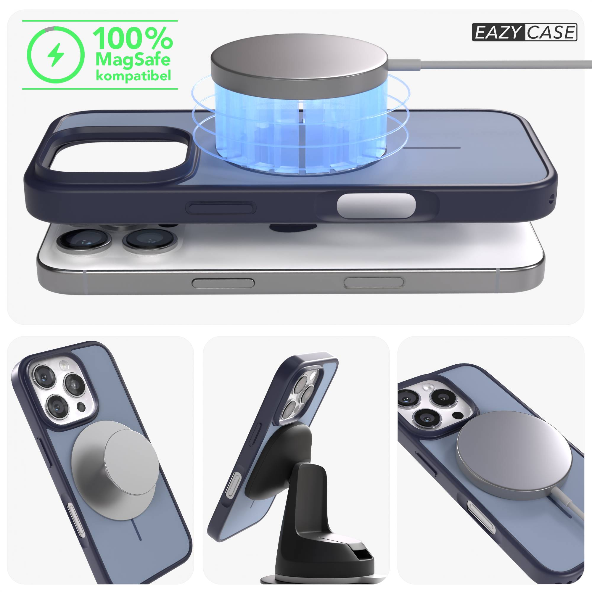 Ein blaues Handy mit MagSafe-Ladegerät und Ständer. 100% MagSafe kompatibel.