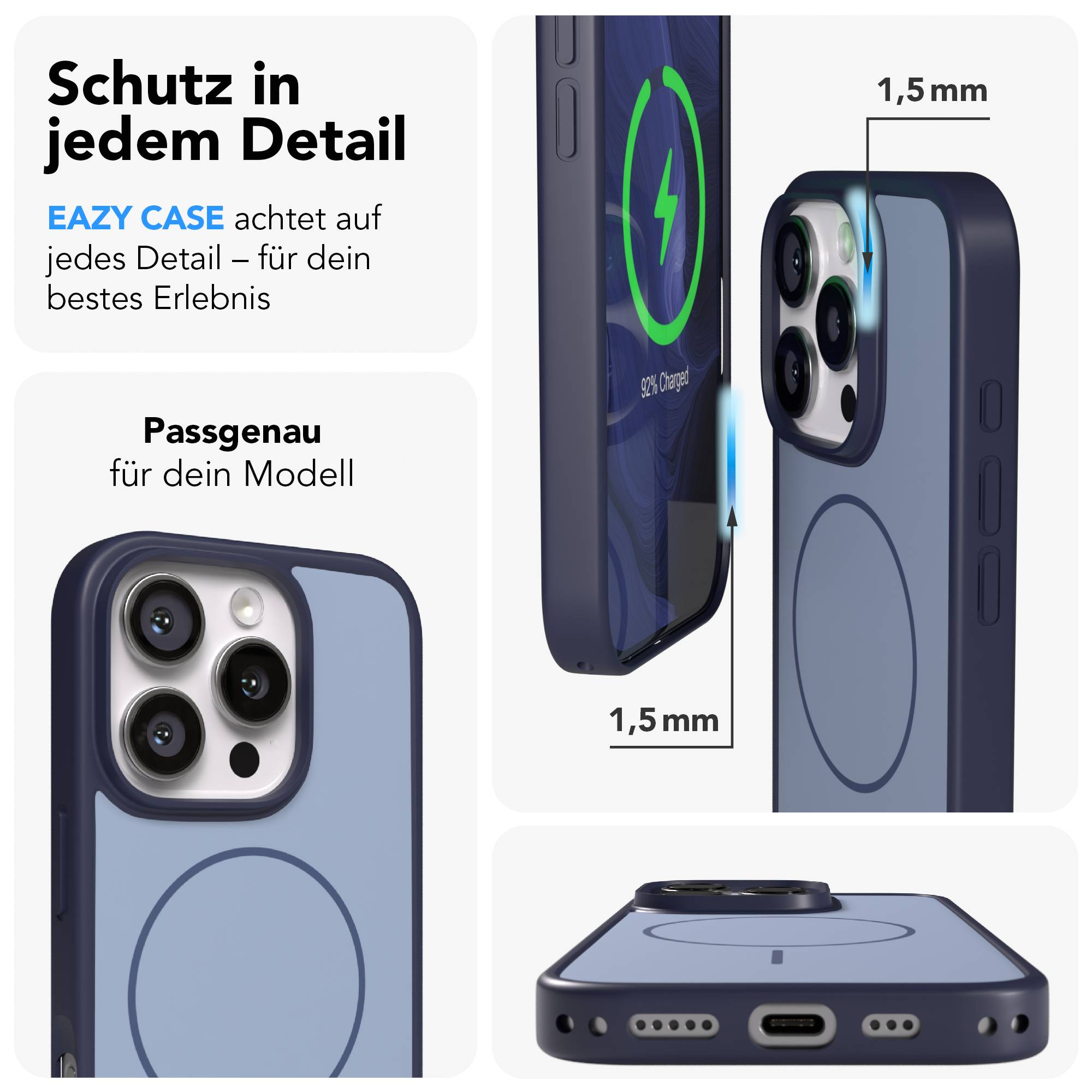 Nahaufnahme eines blauen iPhone-Cases, das Präzision und Schutz zeigt.