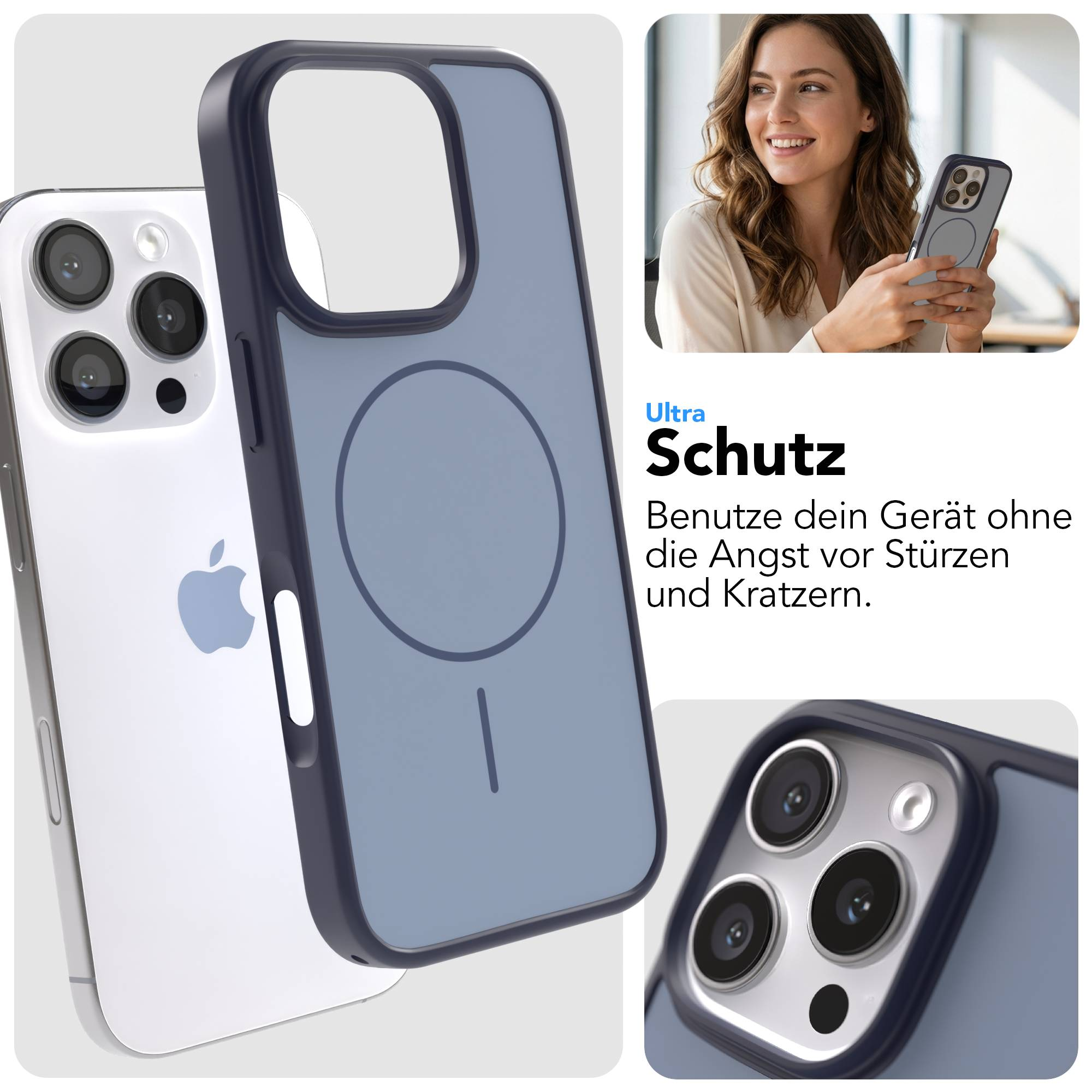 iPhone mit blauem Schutzgehäuse, Nahaufnahme der Kamera und Frau mit Handy.