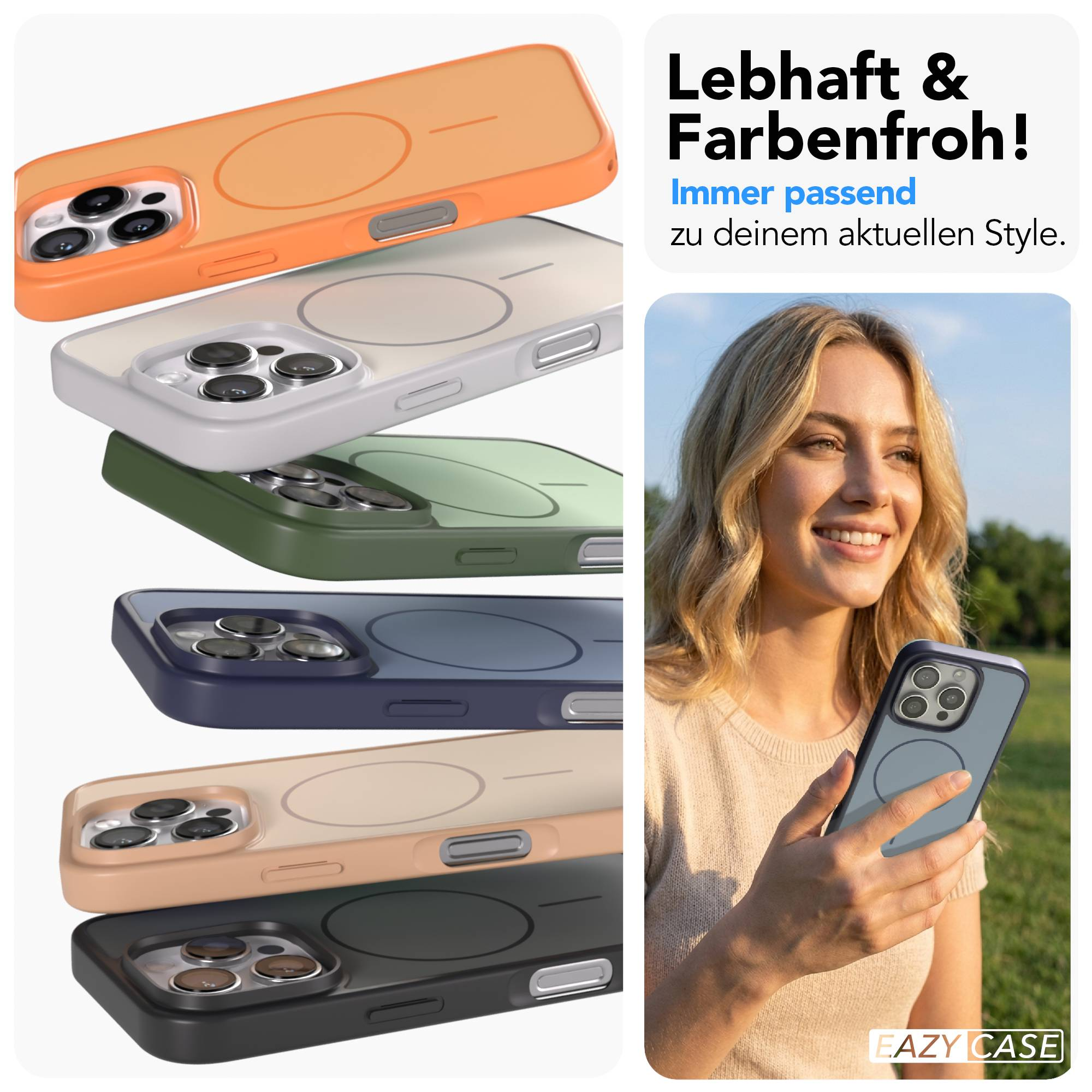 Mehrere bunte Handyhüllen stapeln sich, eine Frau hält eine blaue Hülle.
