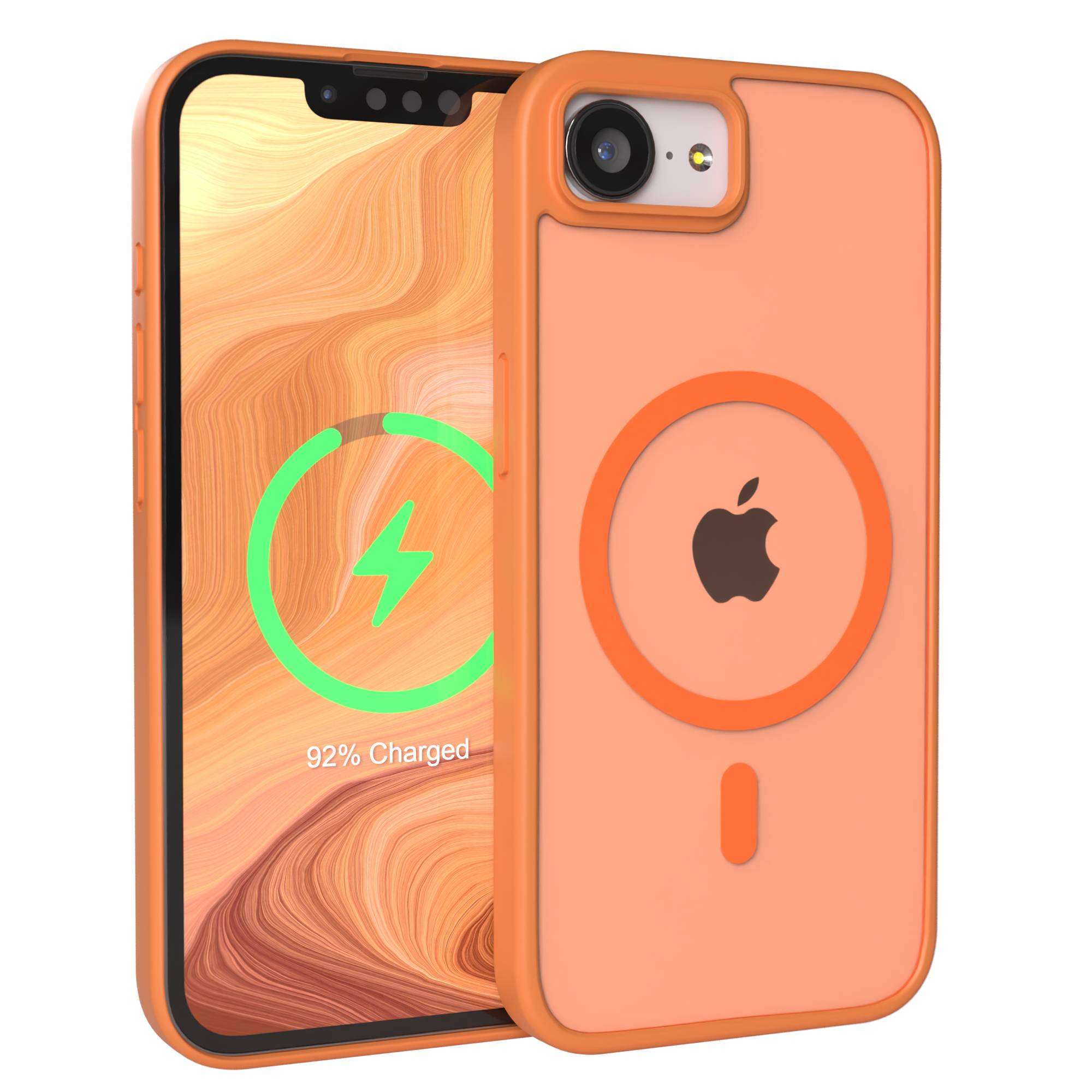 Ein orangefarbenes iPhone mit MagSafe-Hülle und einem Ladezustand von 92 %.