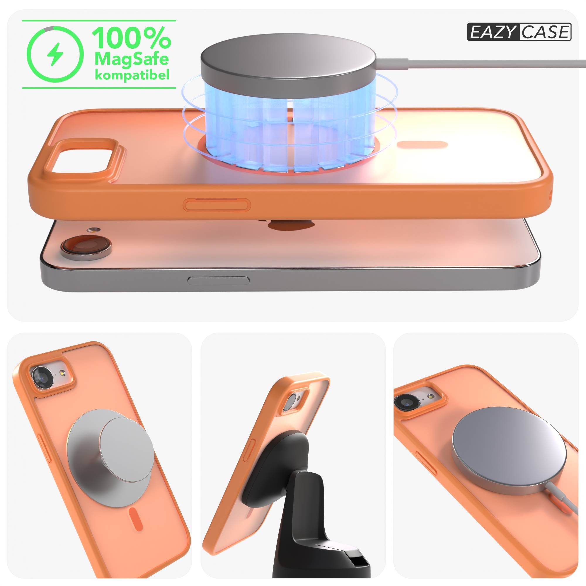 Ein orangefarbenes Handy mit MagSafe-Ladegerät und Halterung.