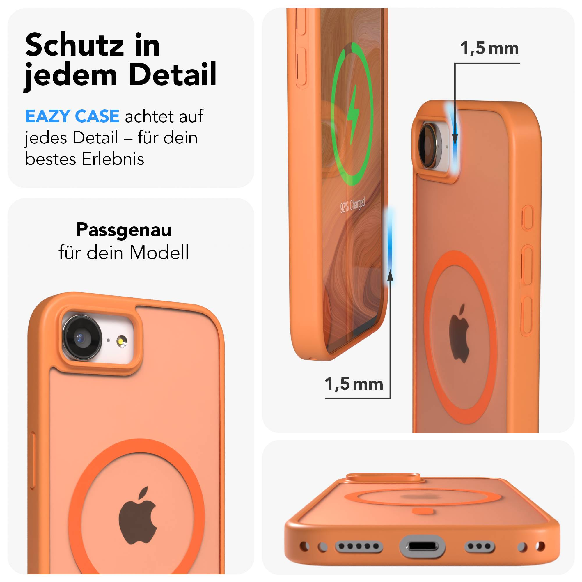 Orange Hülle für ein iPhone mit Apple Logo, lädt MagSafe. 1,5mm Schutz.