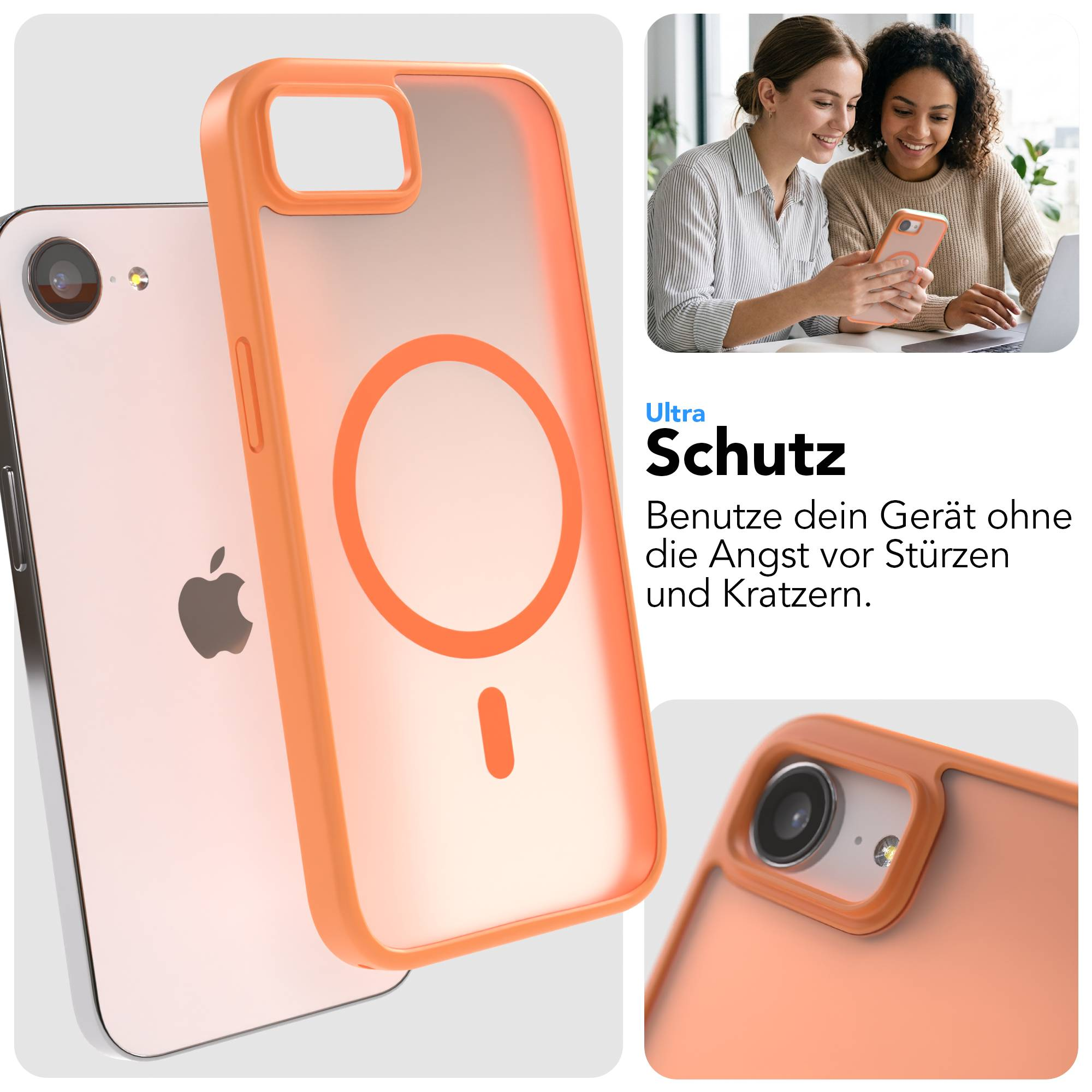 Ein orangefarbener Handy-Schutz, der ein iPhone bedeckt. Zwei Frauen schauen auf ein Handy.