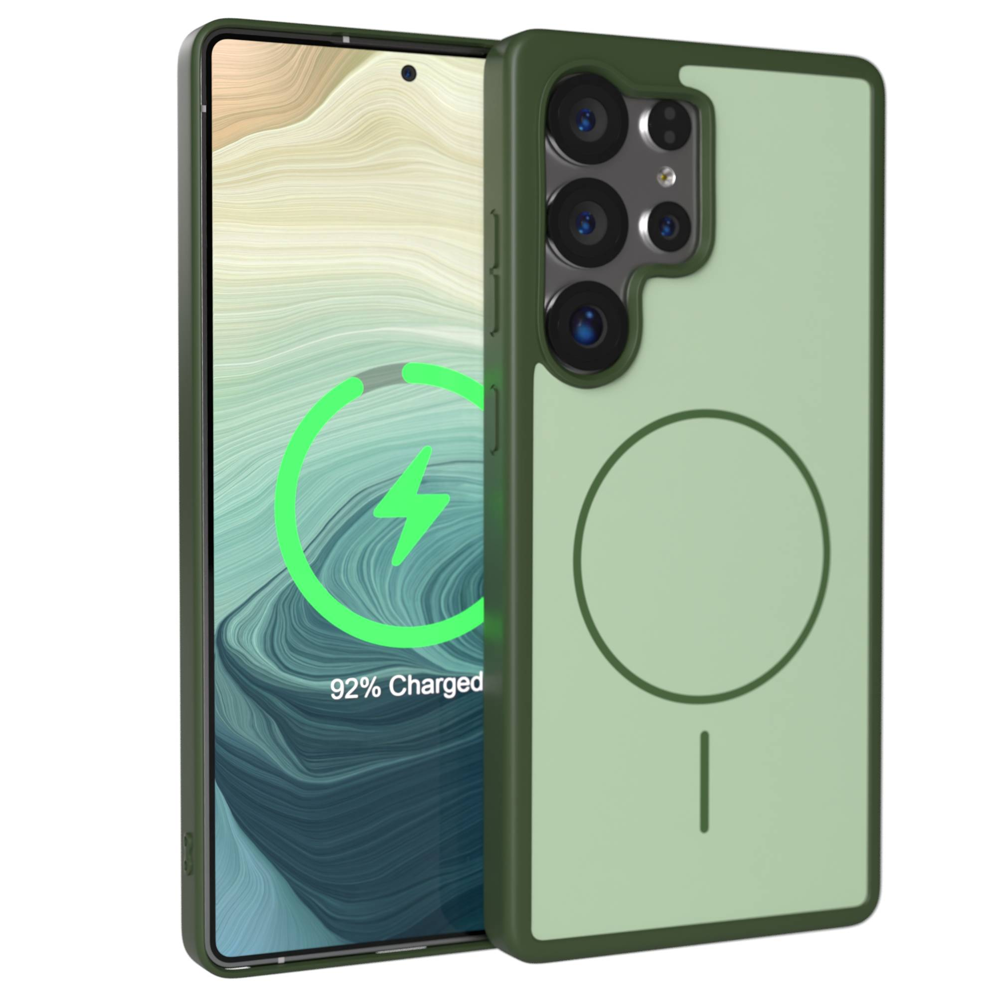 Ein dunkelgrünes Smartphone mit einem hellgrünen Gehäuse und einer Ladeanzeige von 92%.