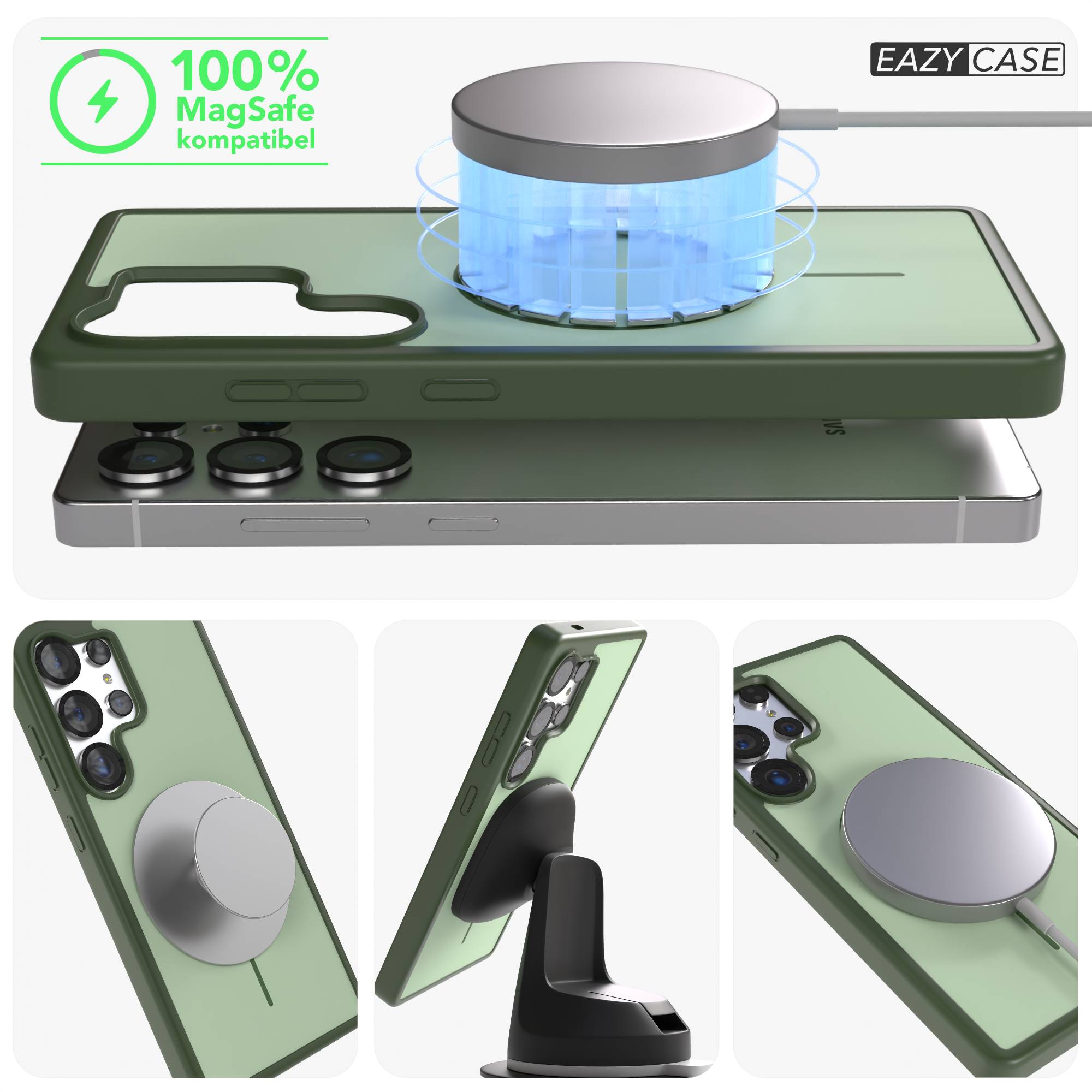 Ein grünes Handy mit MagSafe-Hülle wird kabellos geladen.
