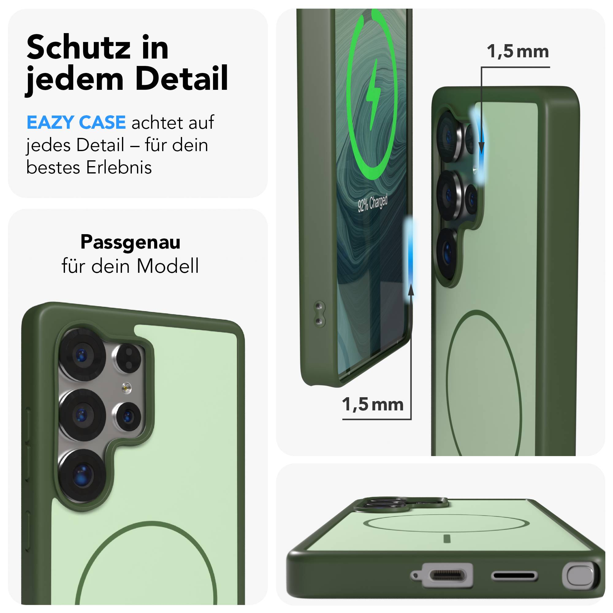 Dunkelgrüne Handyhülle zeigt Kameras und Ladezustand. Maße 1,5mm.