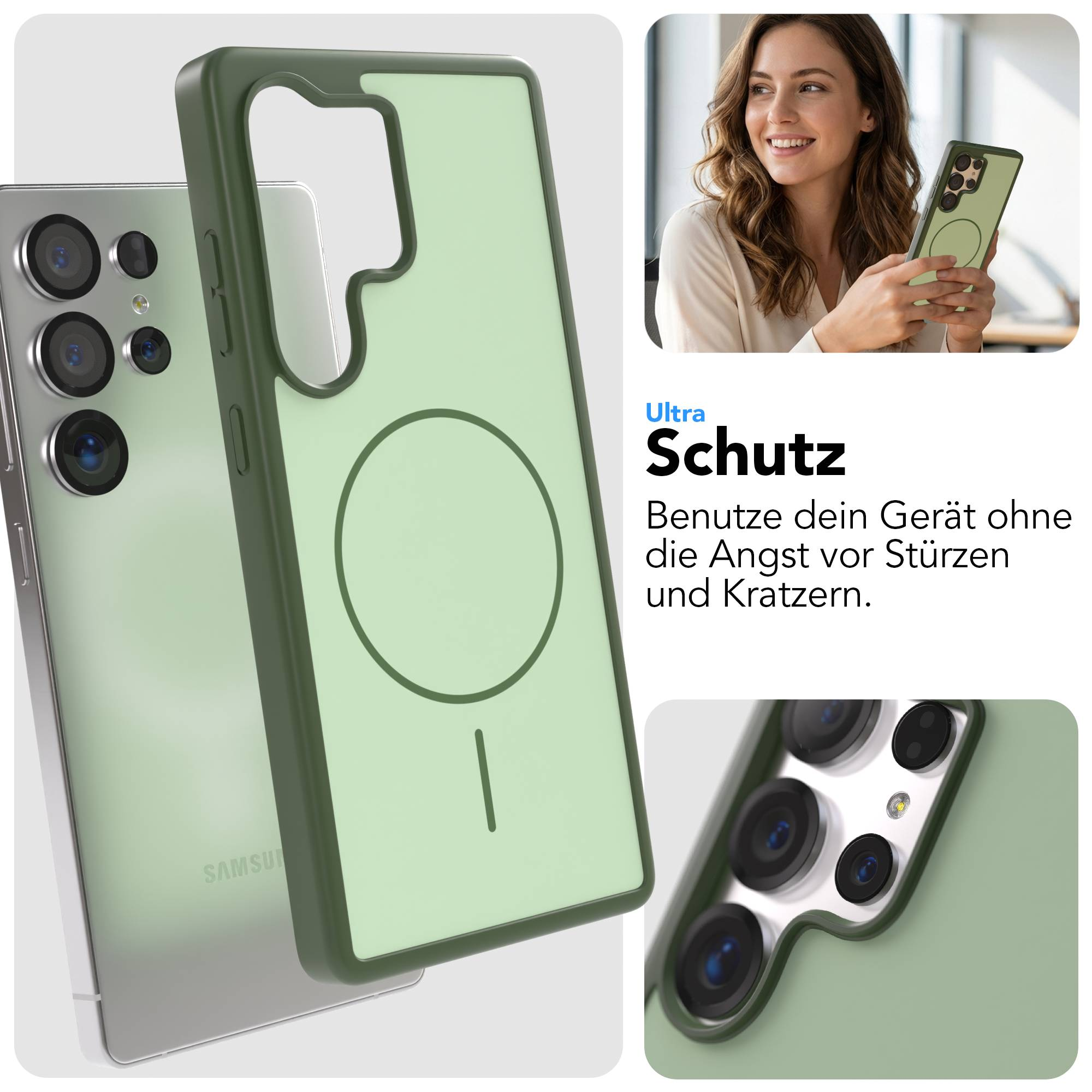 Ein grünes Handycover mit Magnetring und ein Smartphone mit Kameralinsen.