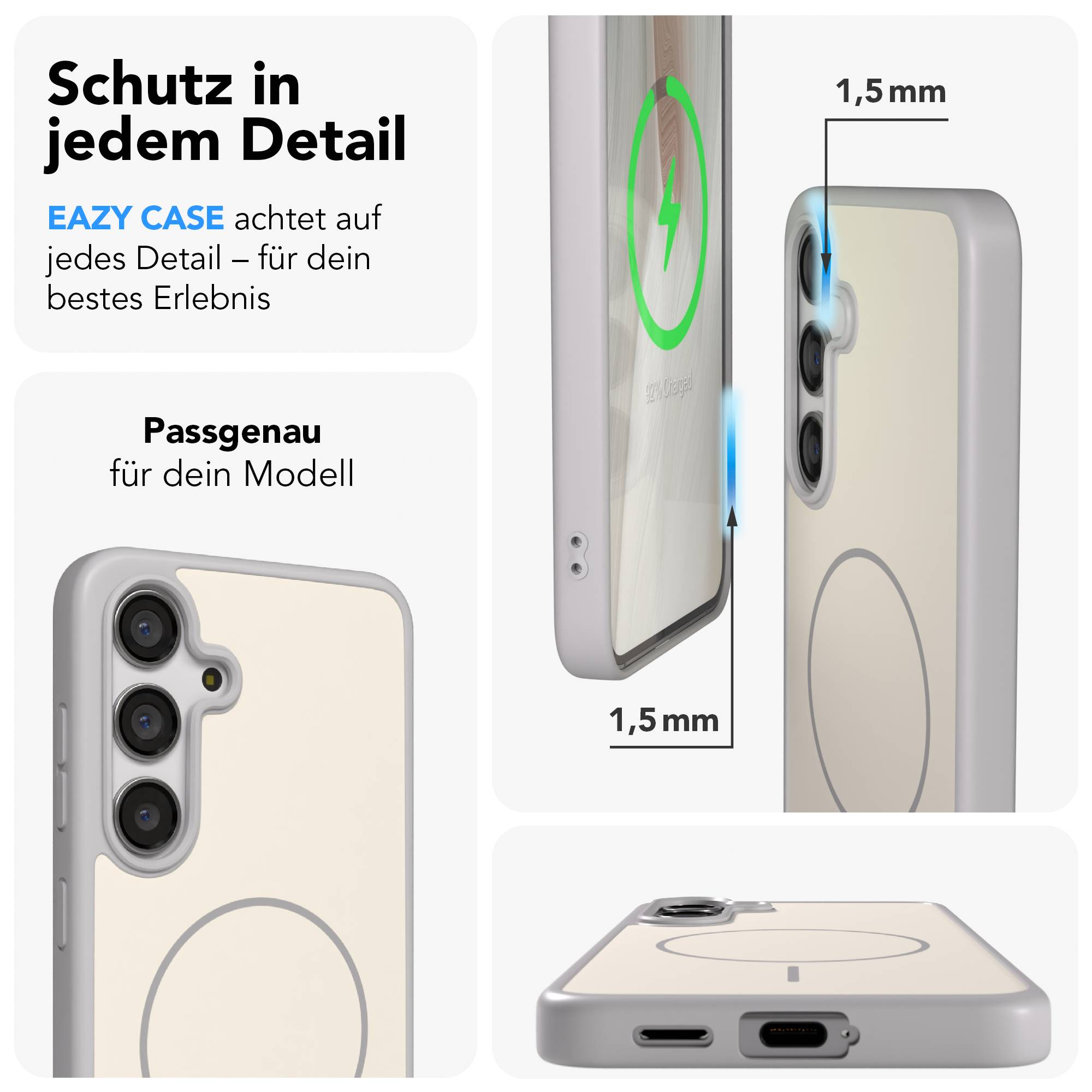 Eazy Case Handyhülle zeigt Details, Ladeanzeige, 1,5mm Dicke, Kamera und Anschlüsse.