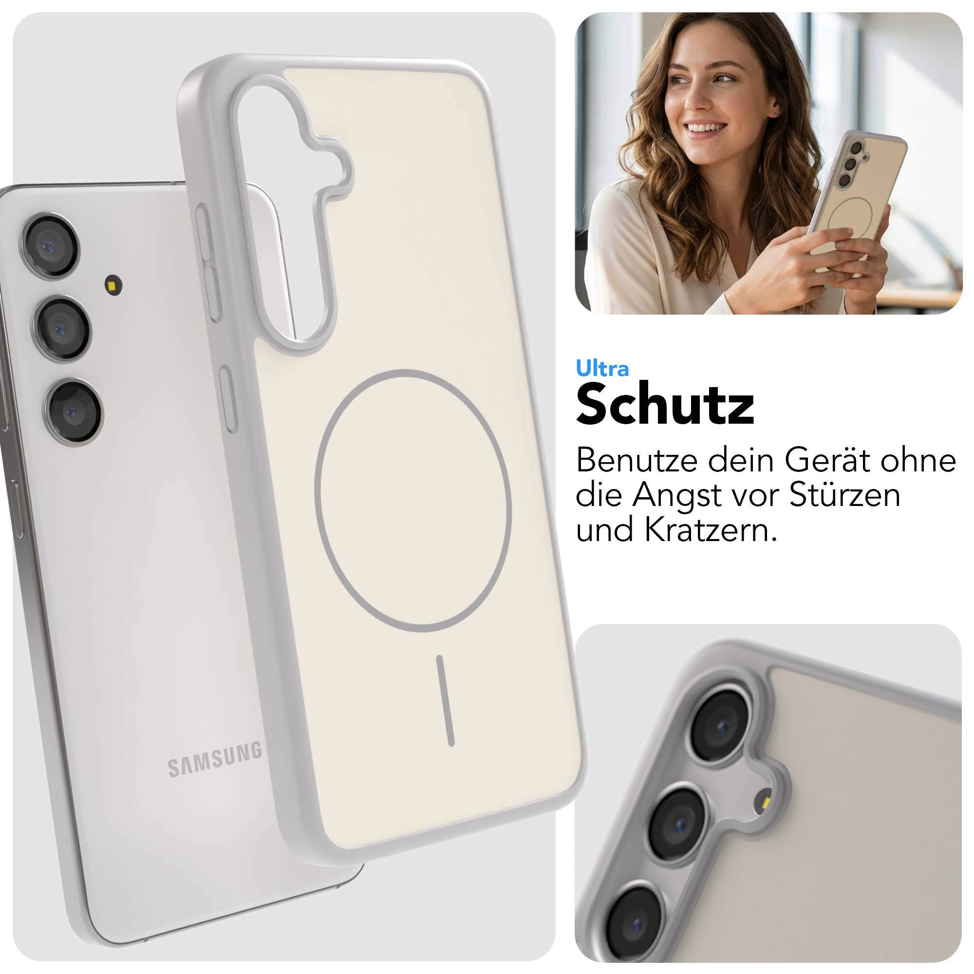 Ein helles Handy mit einer Schutzhülle und einem Kreis-Detail.