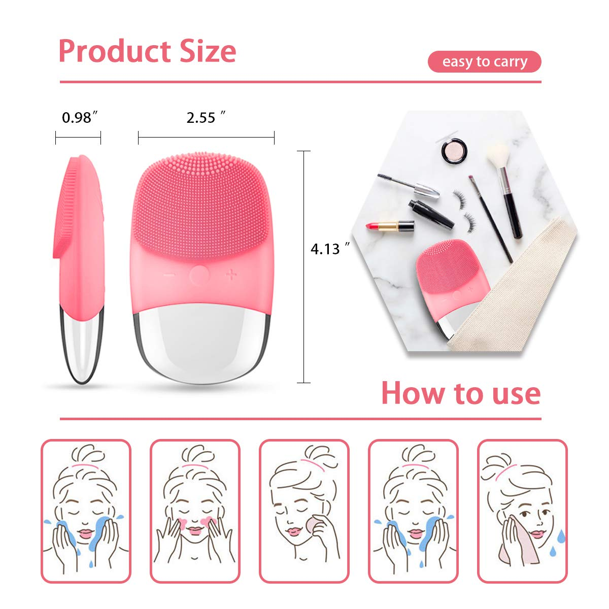 Produktgrößenangaben und Anwendungsschritte für ein rosa Gesichtsreinigungsgerät.