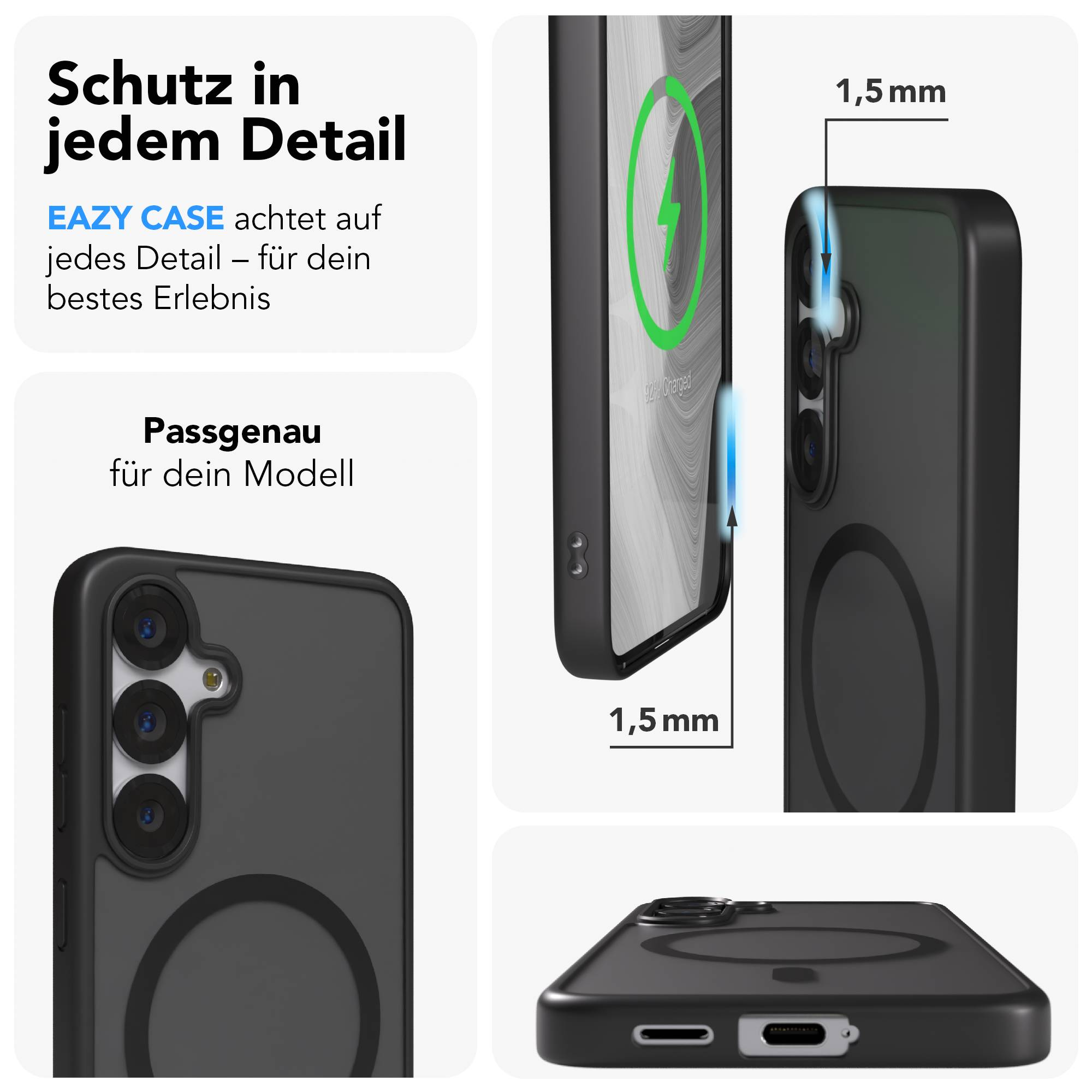 Schwarze Handyhülle mit Kamerainsel und Ladeanzeige. 1,5 mm Dicke.