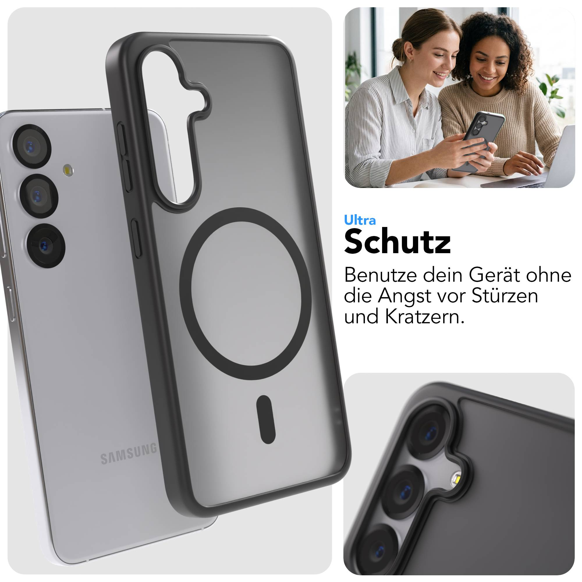 Ein graues Handy mit Schutzhülle und zwei Frauen, die darauf schauen.