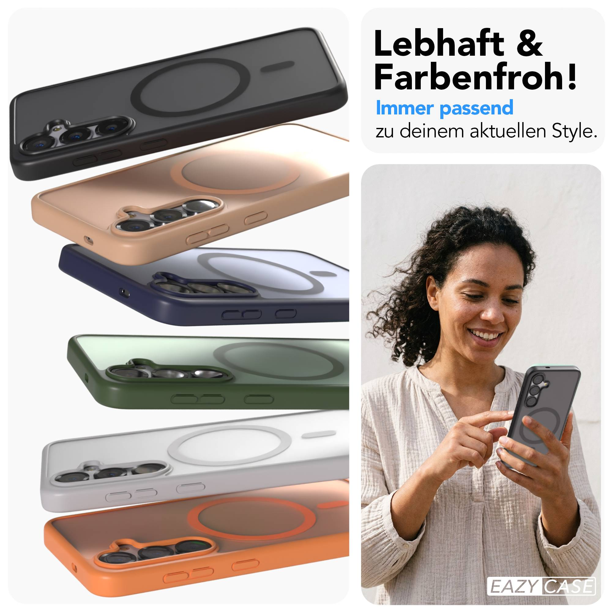 Eine Frau hält ein Handy mit einer Hülle. Mehrere farbige Handyhüllen sind gestapelt.
