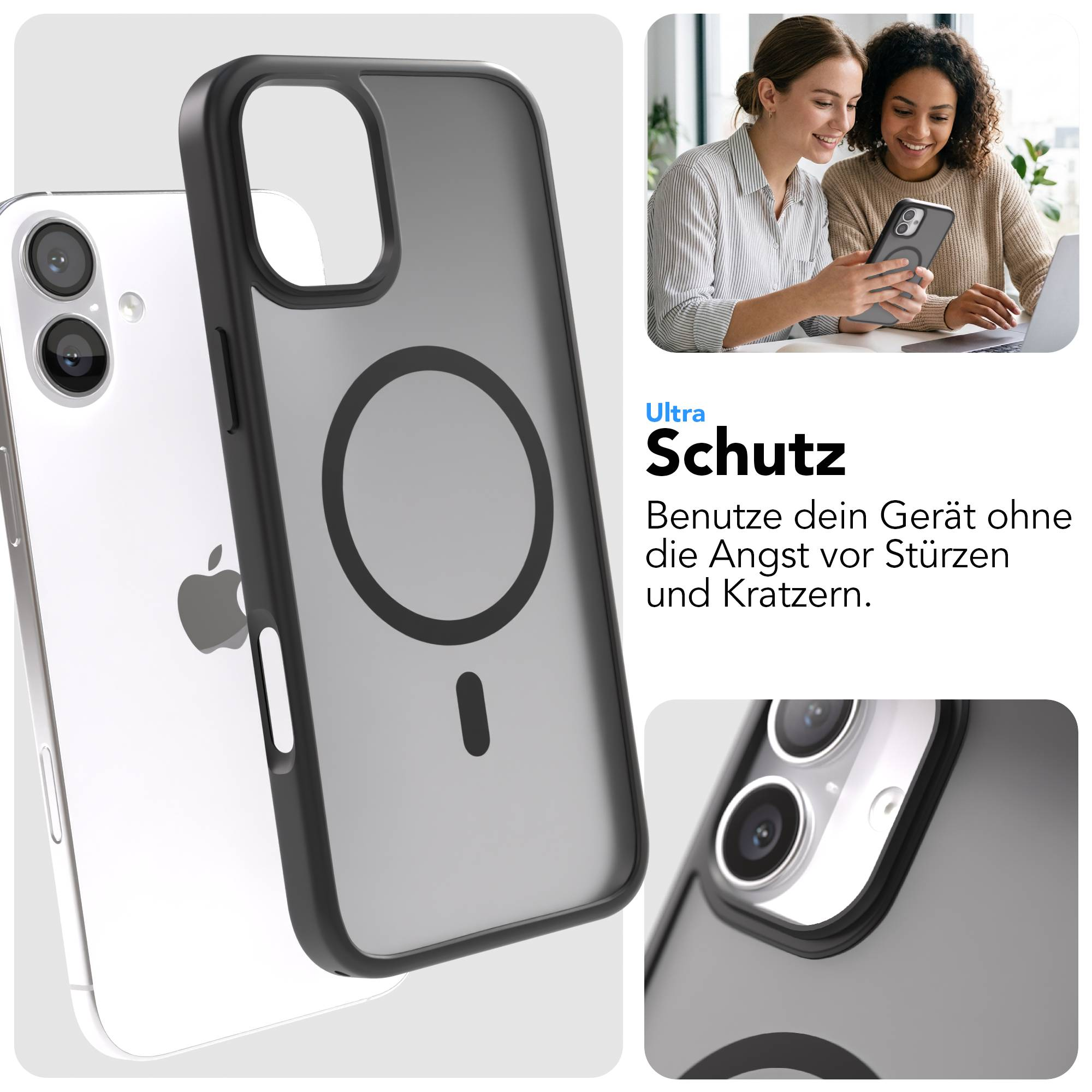 Transparente Hülle mit schwarzem Rand für ein Smartphone, zeigt MagSafe-Kreismuster.