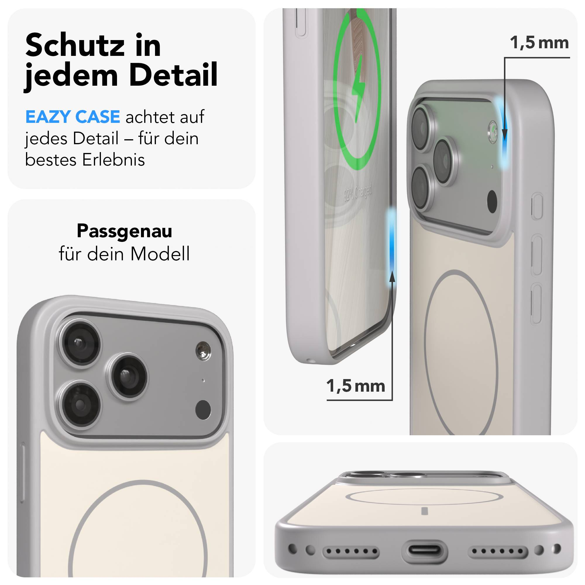 Ein iPhone mit Hülle zeigt Ladezustand und Kamera. Maße 1,5 mm.