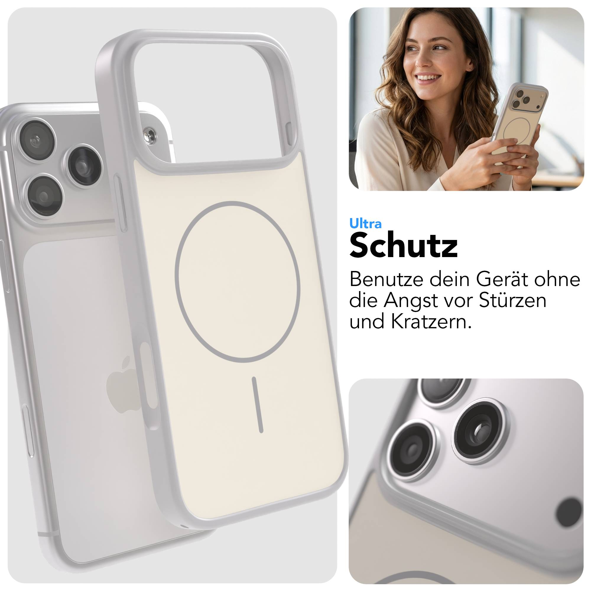 Ein durchsichtiges Handyhülle mit Magnetring und einem hellbeigen Hintergrund.
