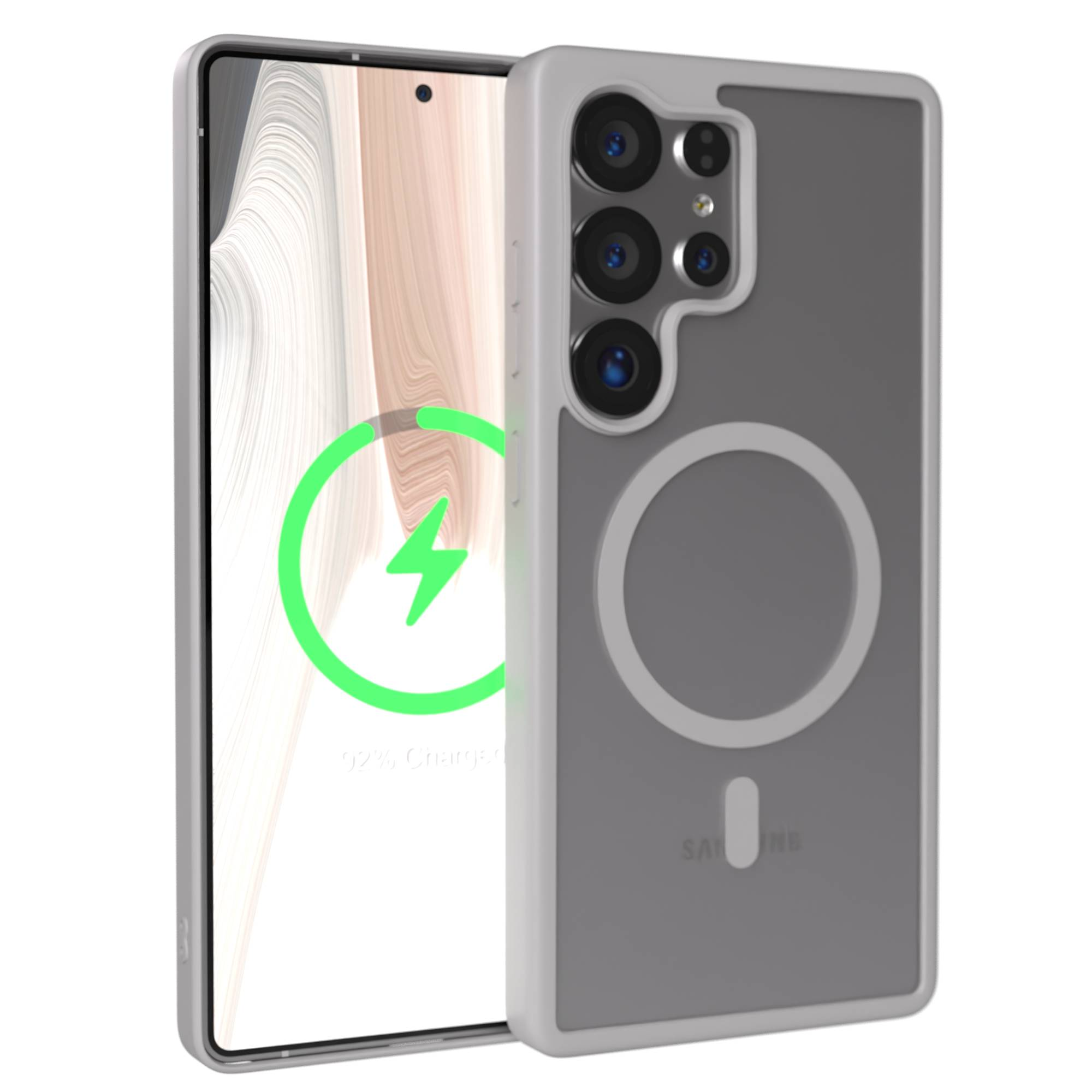 Ein Smartphone mit einem durchsichtigen Gehäuse, das mit einem Ladegerät verbunden ist.