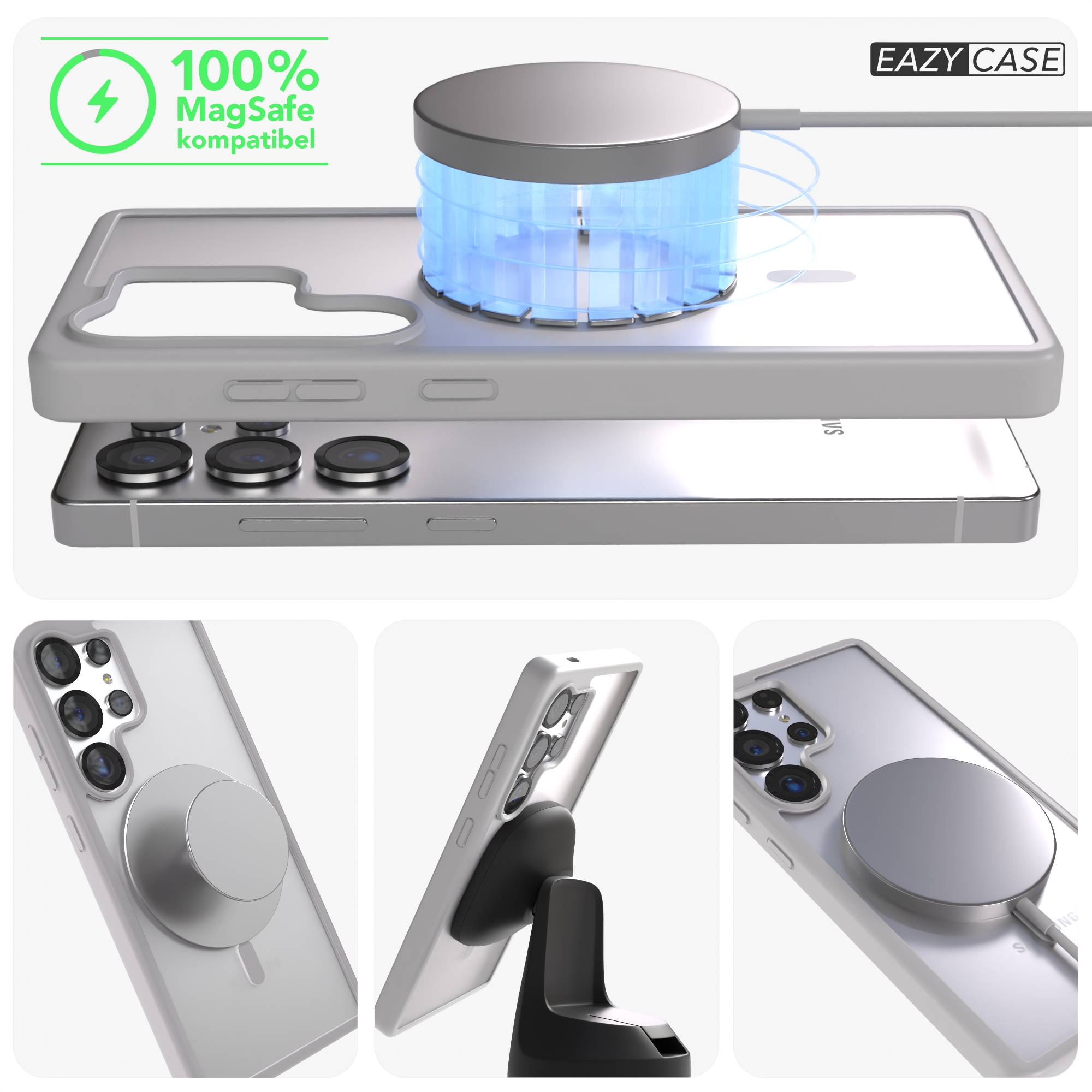 Ein MagSafe-kompatibles Ladezubehör auf einem Smartphone mit transparentem Gehäuse.