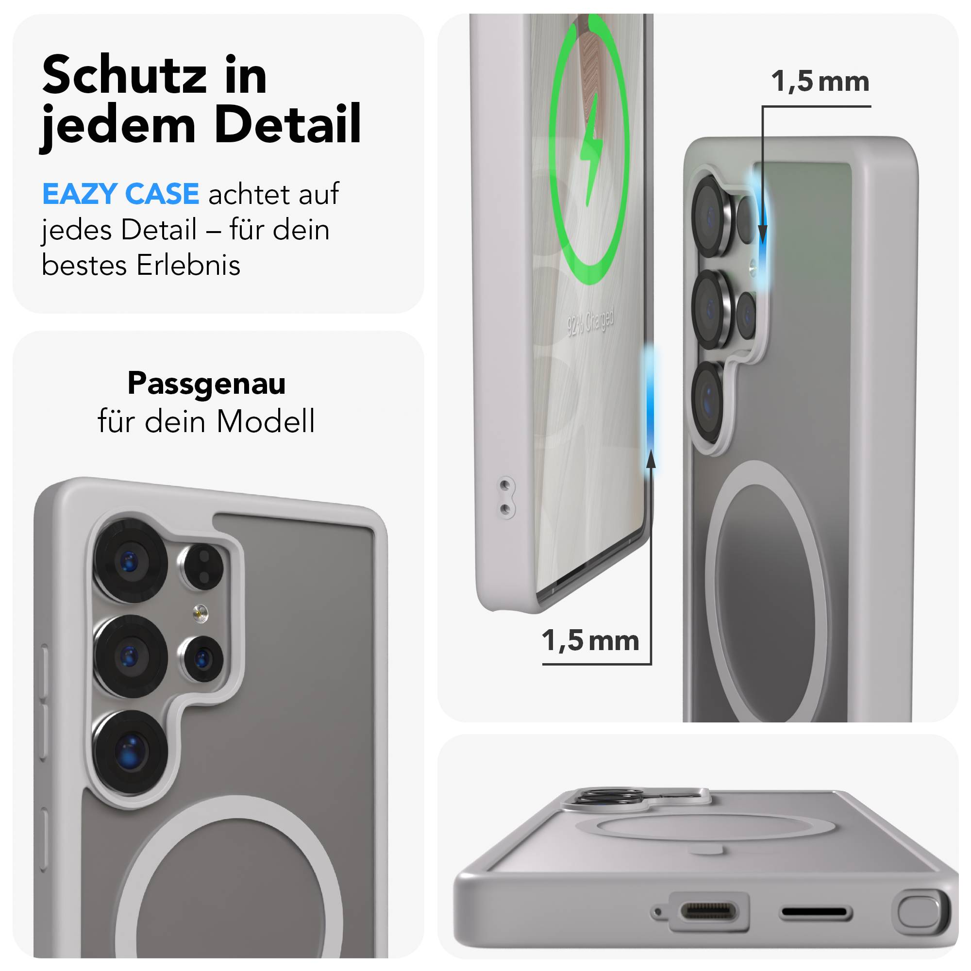 Graue Handyhülle zeigt Kamera und Ladeanzeige. 1,5mm Schutz.
