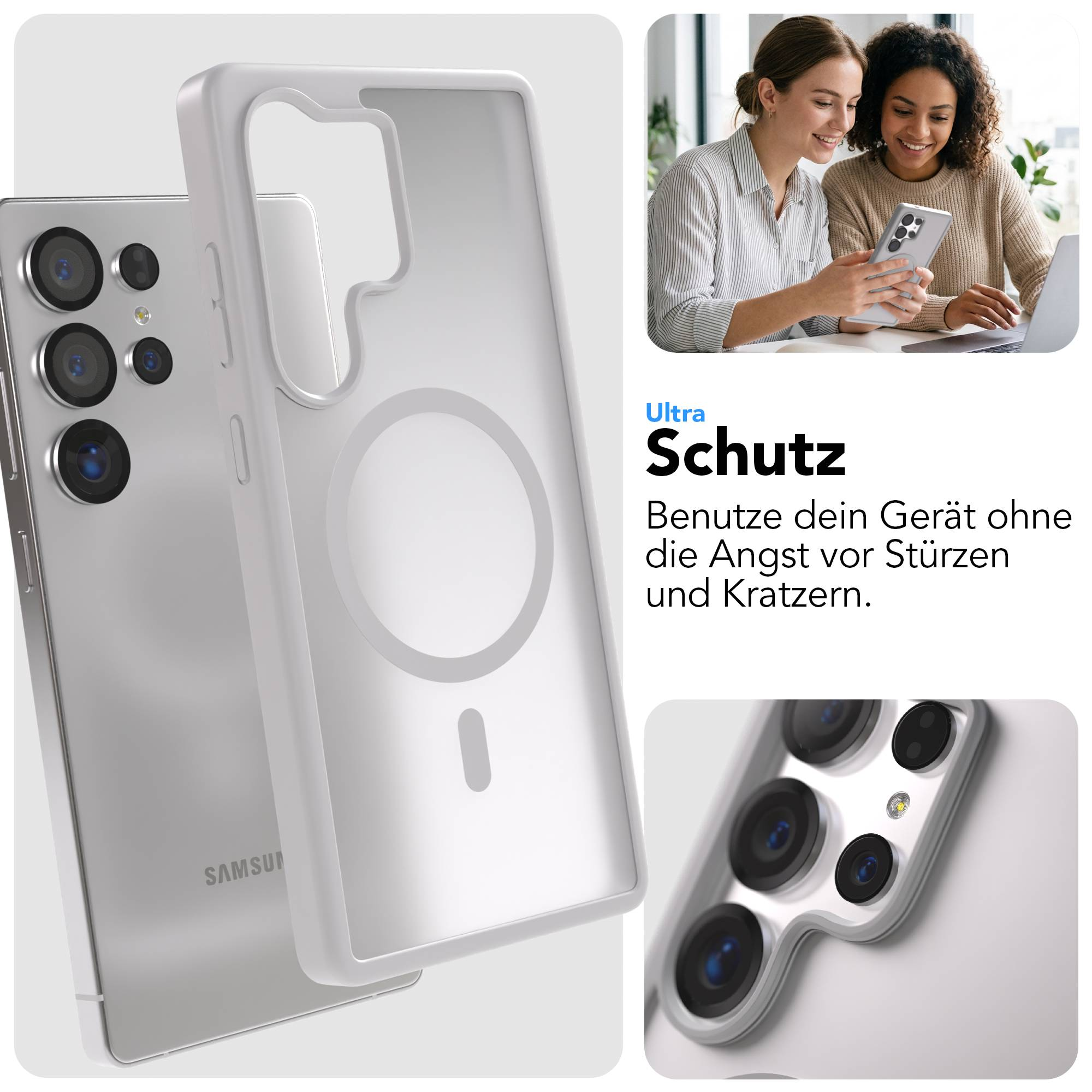 Ein silbernes Smartphone mit einer Schutzhülle, die es vor Stürzen schützt.