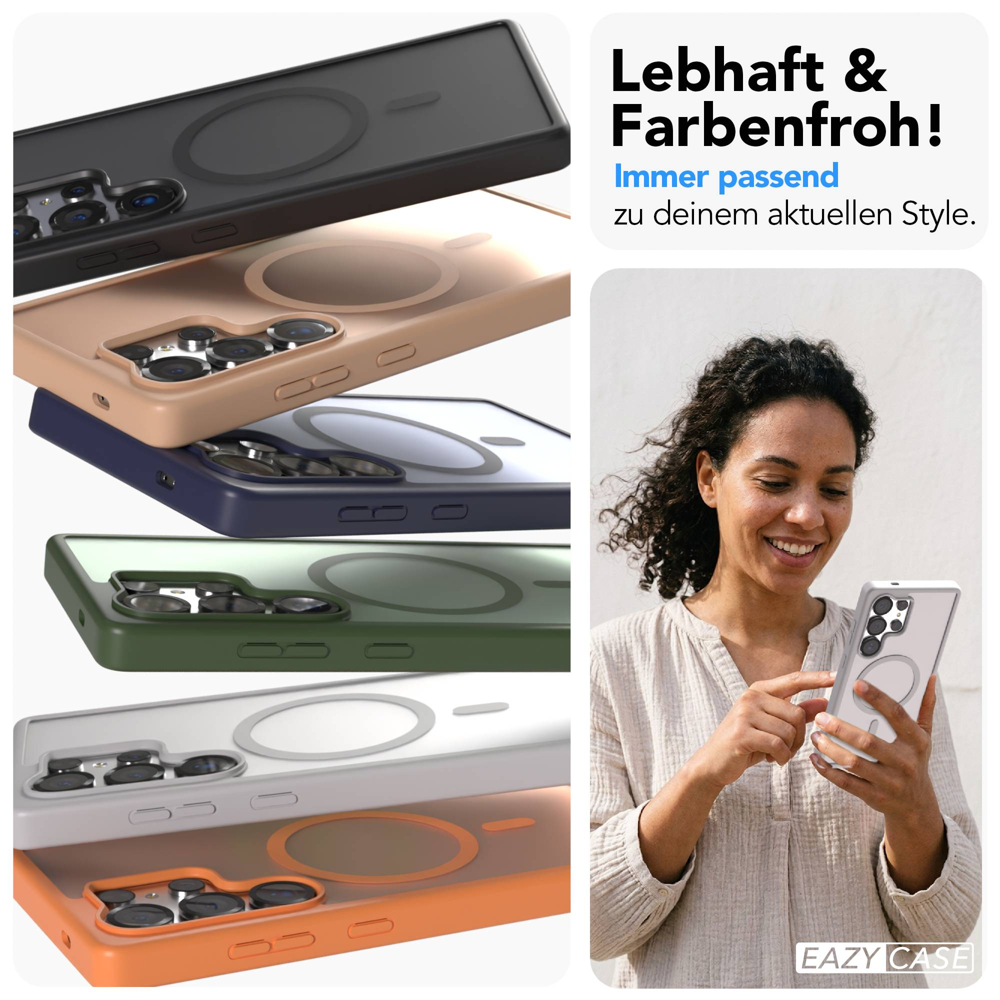 Eine Frau hält ein transparentes Handy mit magnetischer Hülle. Mehrere bunte Hüllen liegen daneben.