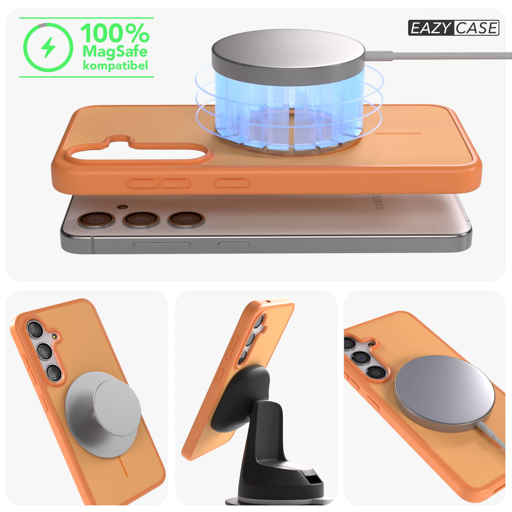 Orange Hülle auf Handy; MagSafe-Ladegerät lädt; Eazy Case Logo.