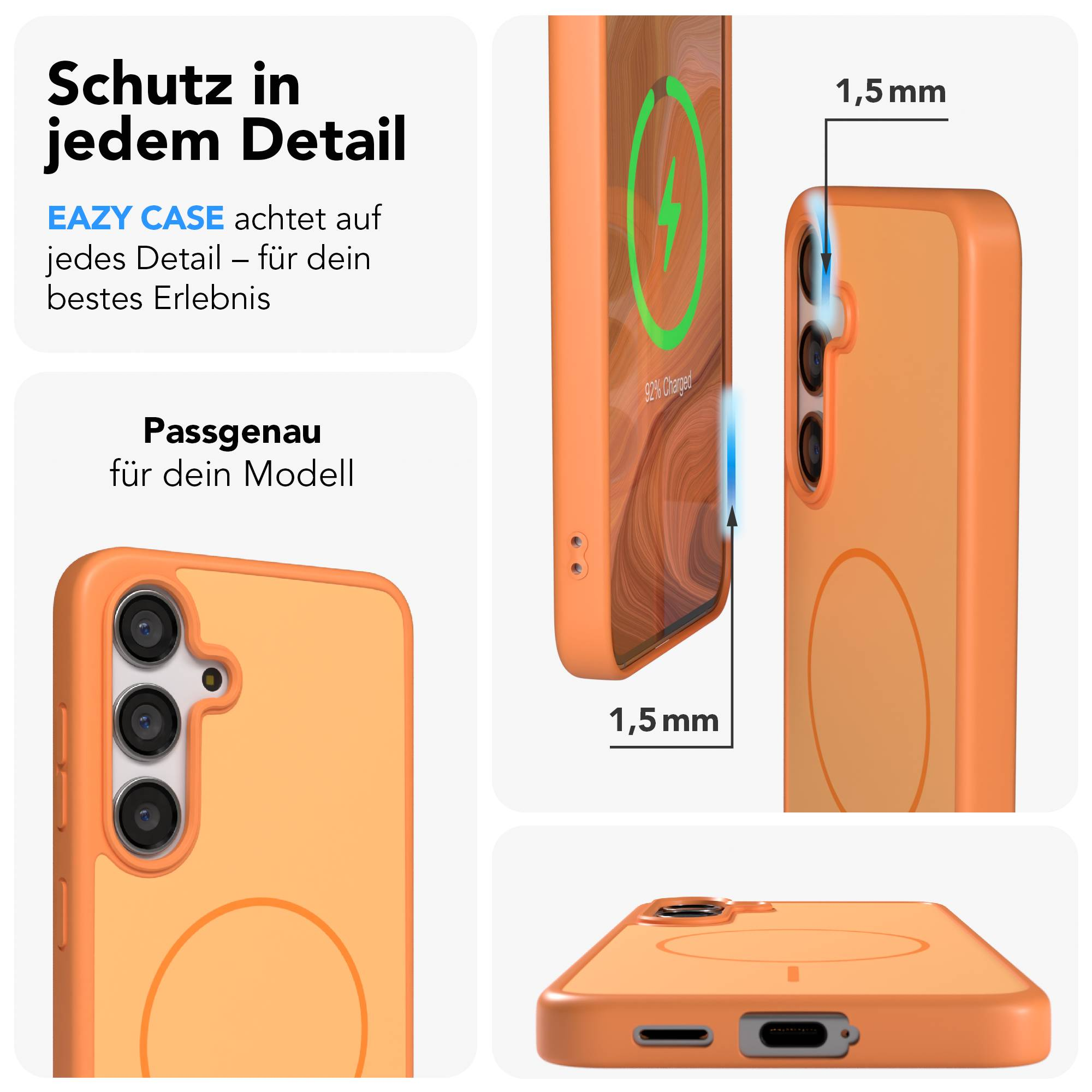 Orange Handyhülle mit Kamerainseln, Ladeanzeige und 1,5mm Dicke.