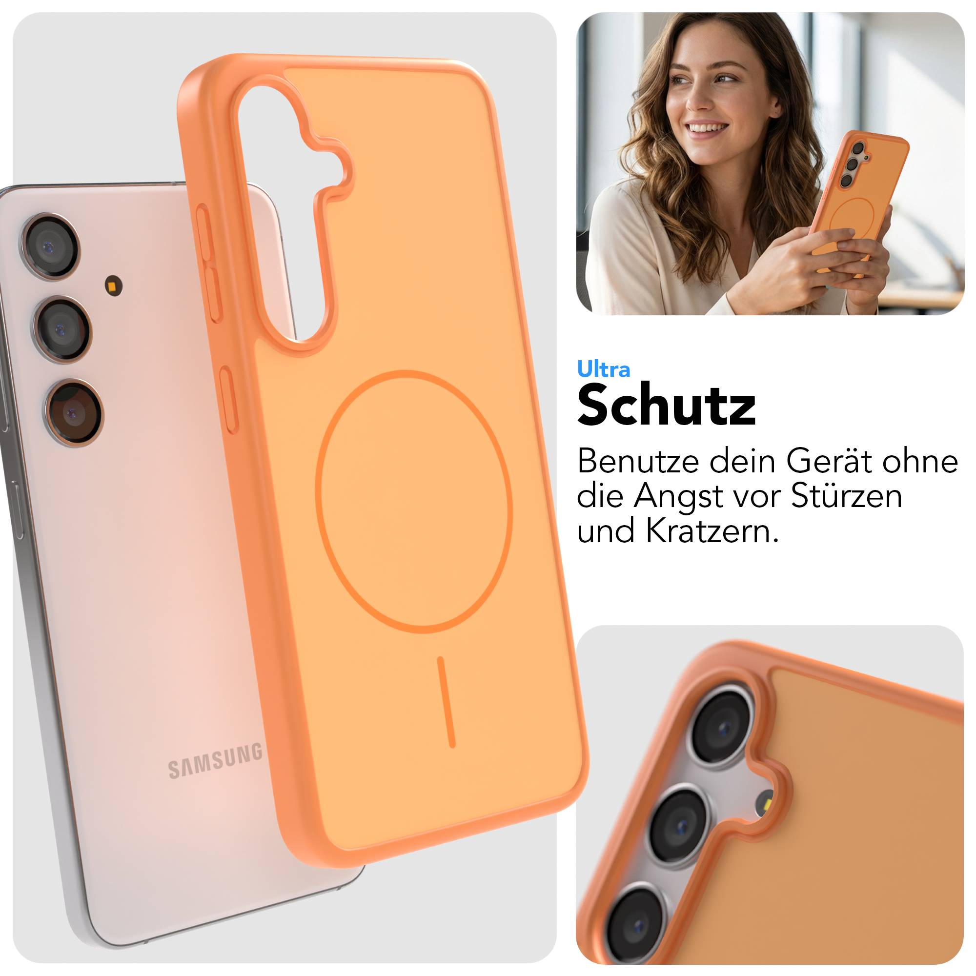 Ein hellrosa Samsung Handy mit einem orangenen Schutzcase. Eine Frau hält das Handy.