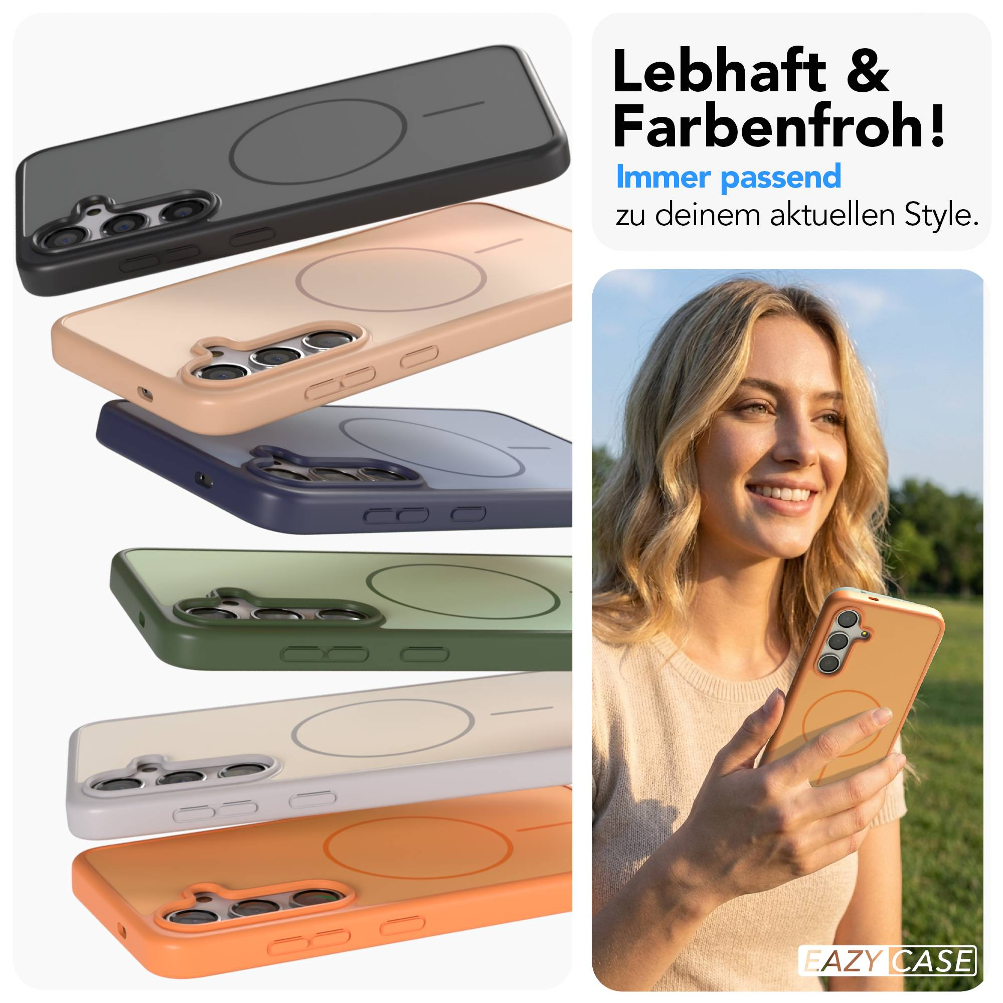 Sechs Handyhüllen in verschiedenen Farben, eine Frau hält ein Handy mit einer Hülle.