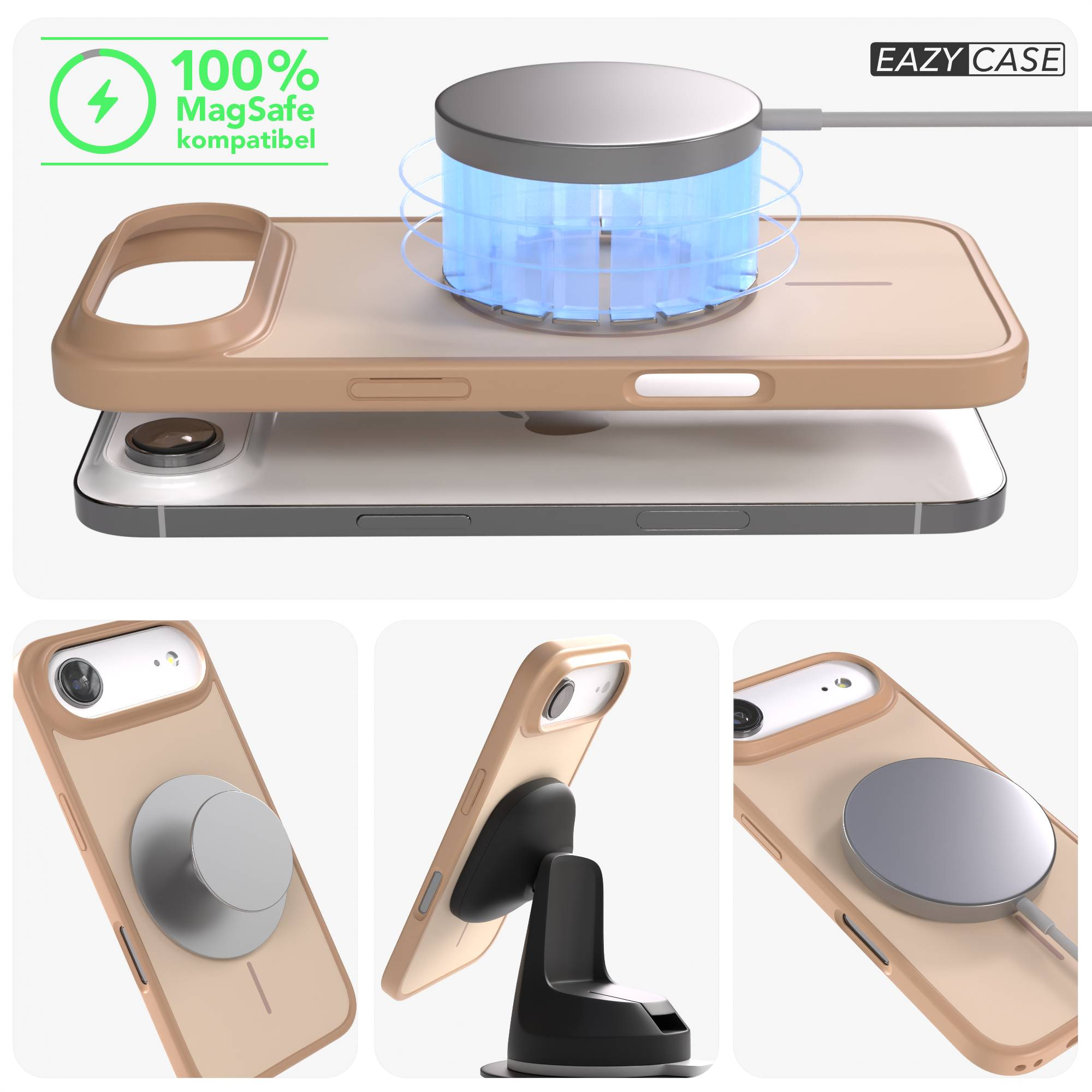 Ein Handycase mit MagSafe-Ladegerät und Halterung. Logo mit Blitz.